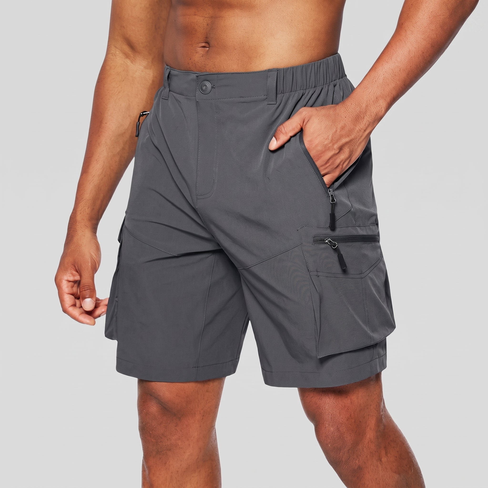 Charlie - Men's Summer Elastic Waist Zip Cargo Shorts - Shorts Men - Grey - Davies & Cooper