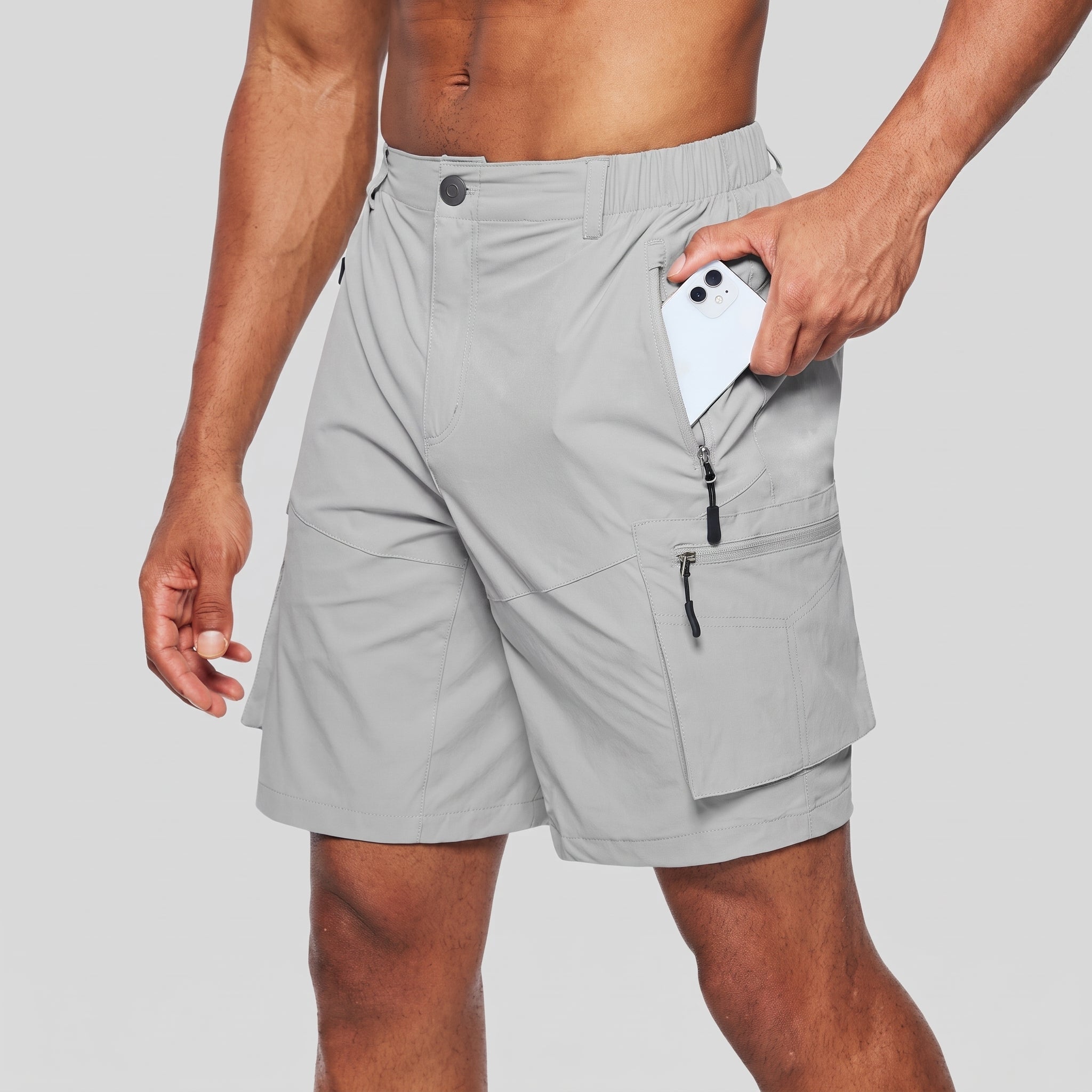 Charlie - Men's Summer Elastic Waist Zip Cargo Shorts - Shorts Men - Light Grey - Davies & Cooper