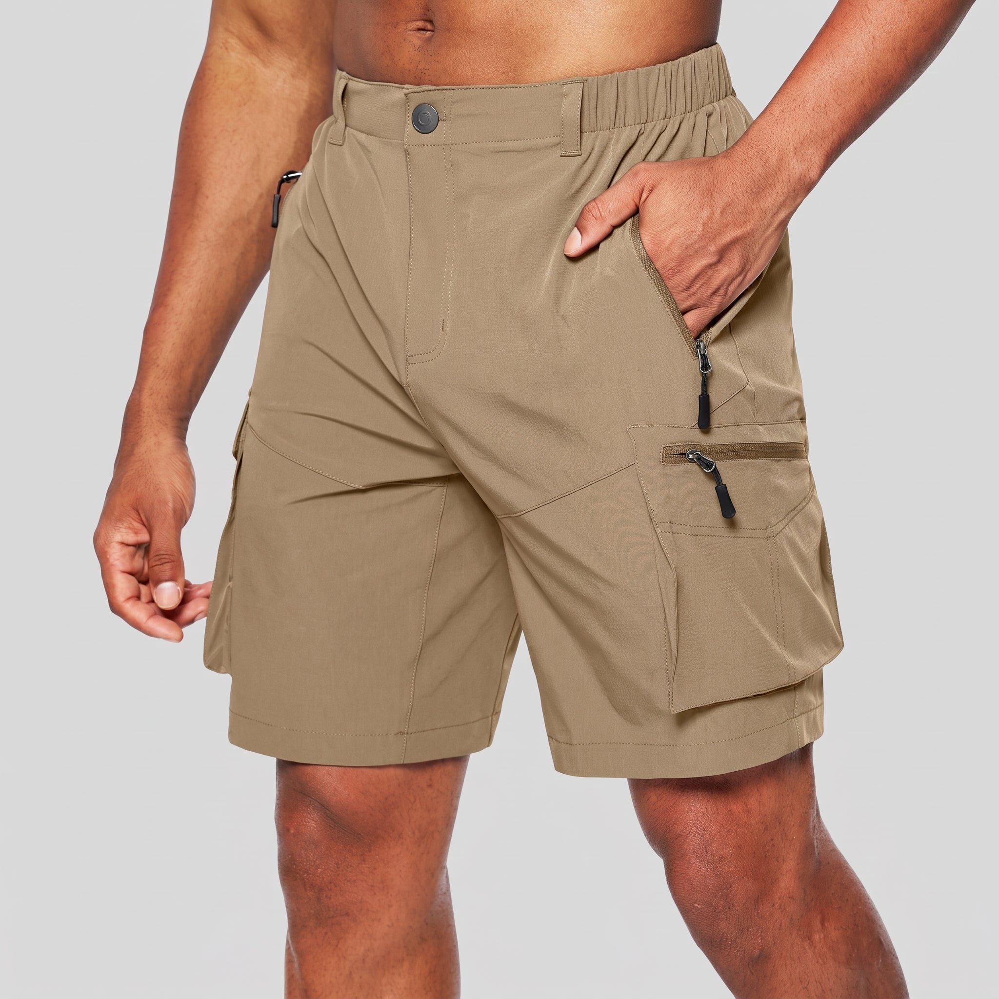 Charlie - Men's Summer Elastic Waist Zip Cargo Shorts - Shorts Men - Khaki - Davies & Cooper