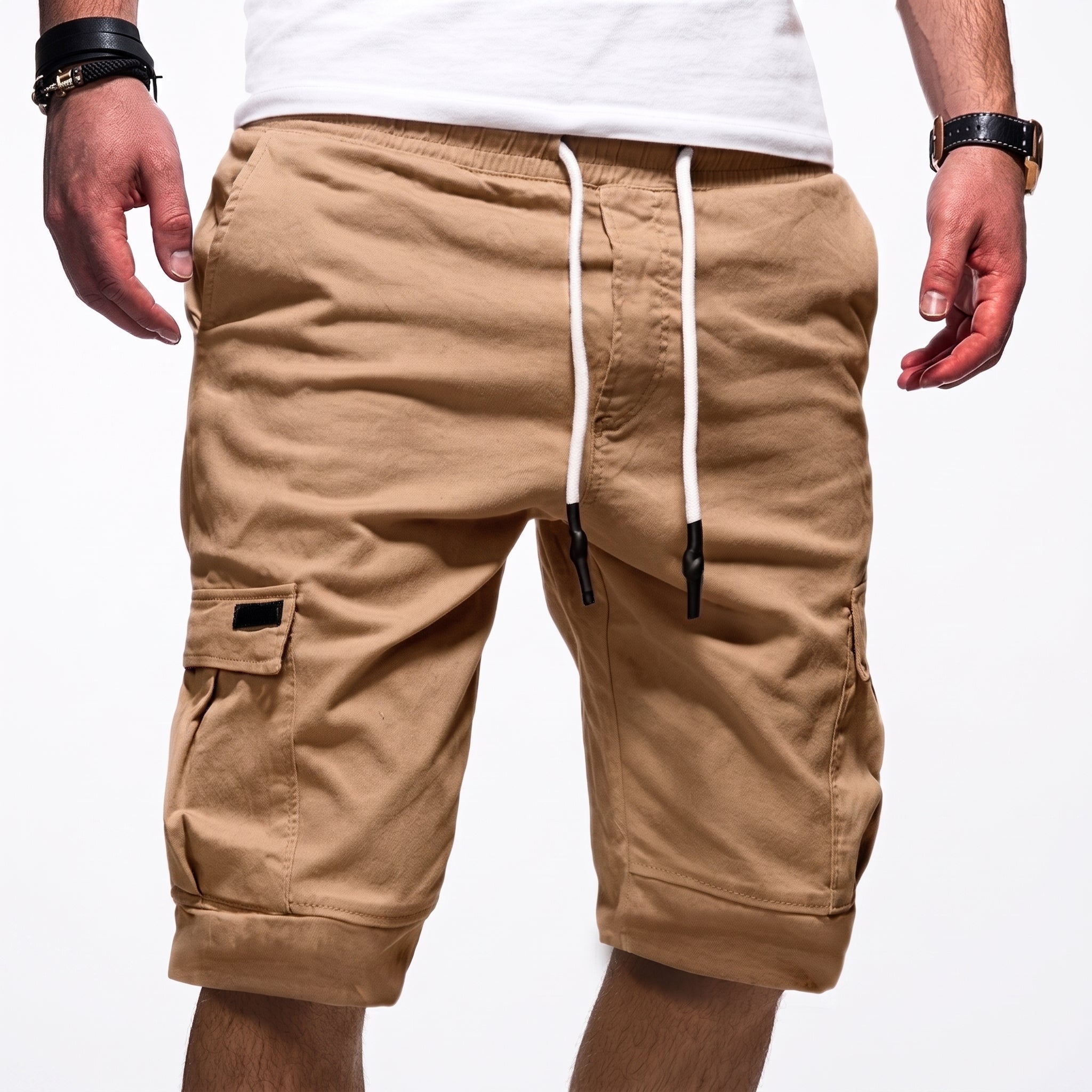 Charlie - Men's Summer Relaxed Fit Drawstring Cargo Shorts - Shorts Men - Beige - Davies & Cooper