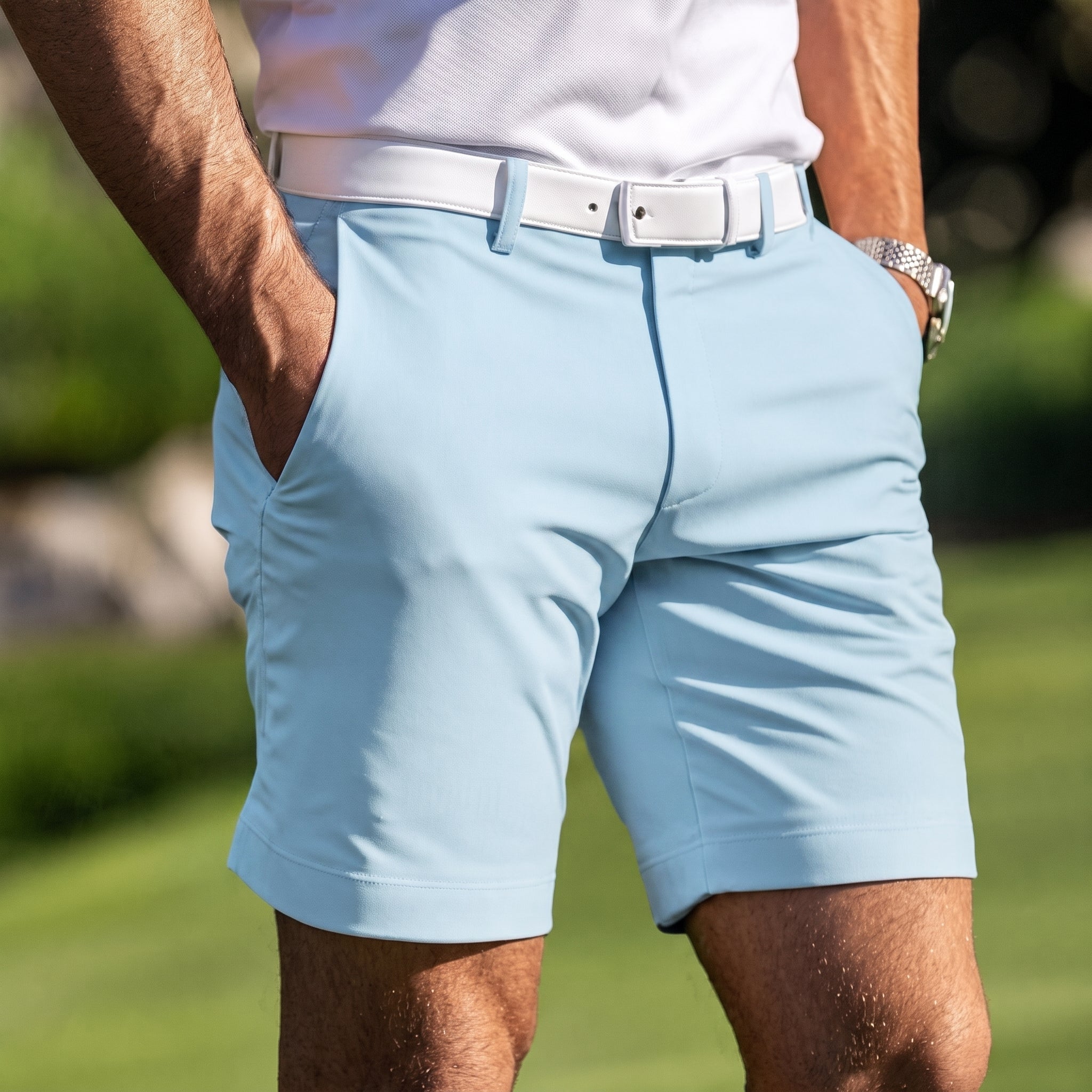 Charlie - Men's Summer Slim Fit Flat Front Chino Shorts - Shorts - Light Blue - Davies & Cooper