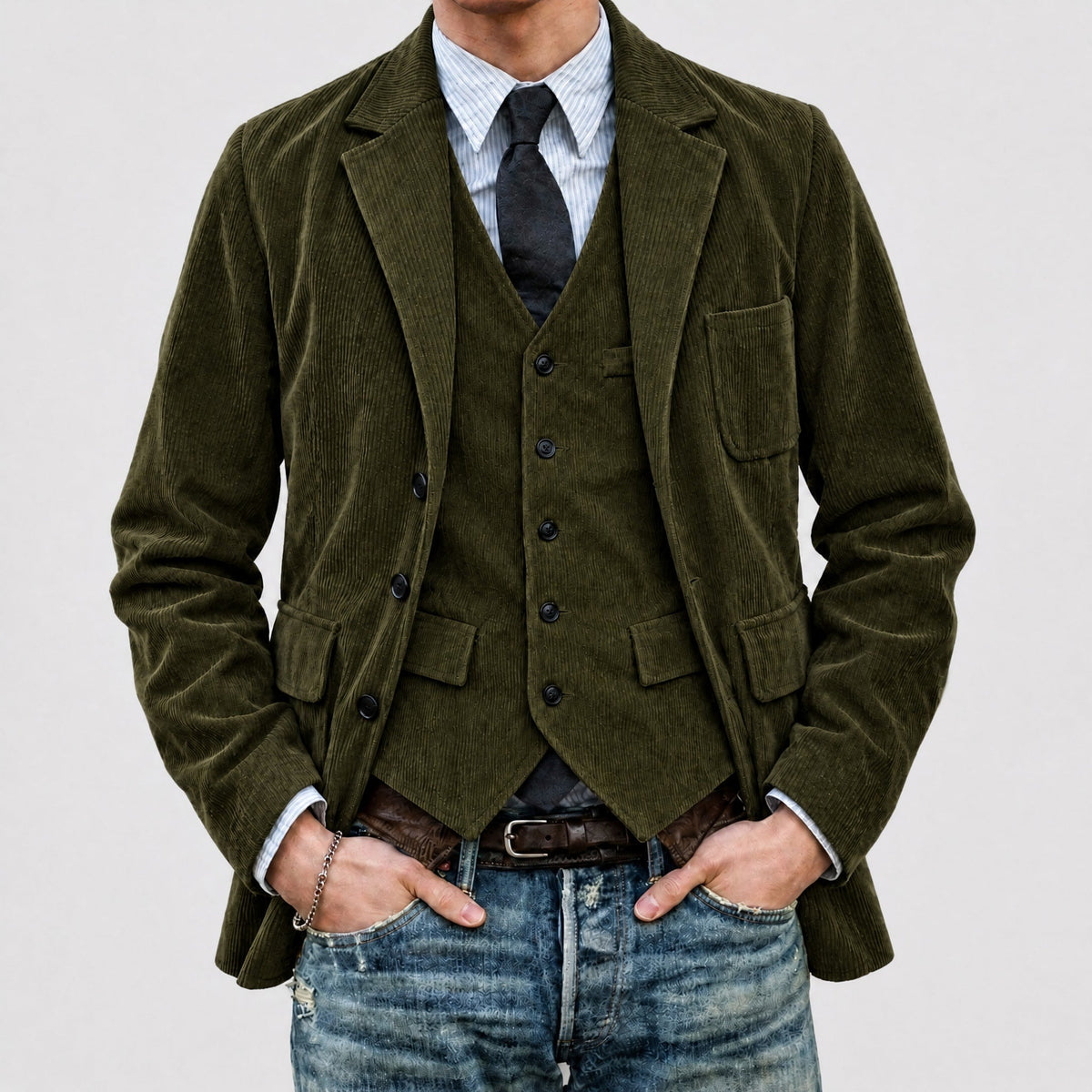 Charlie - Men's Vintage Textured Notch Lapel Jacket with Waistcoat Set - Blazers - Army Green - Davies & Cooper