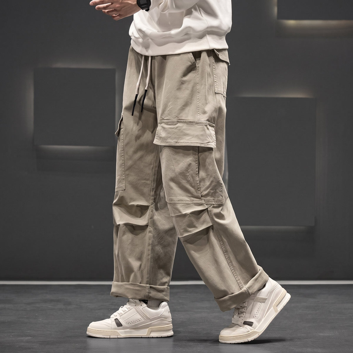 Charlie - Men's Wide-Leg Cargo Trousers with Drawstring Waist - Cargo Pants - Khaki - Davies & Cooper