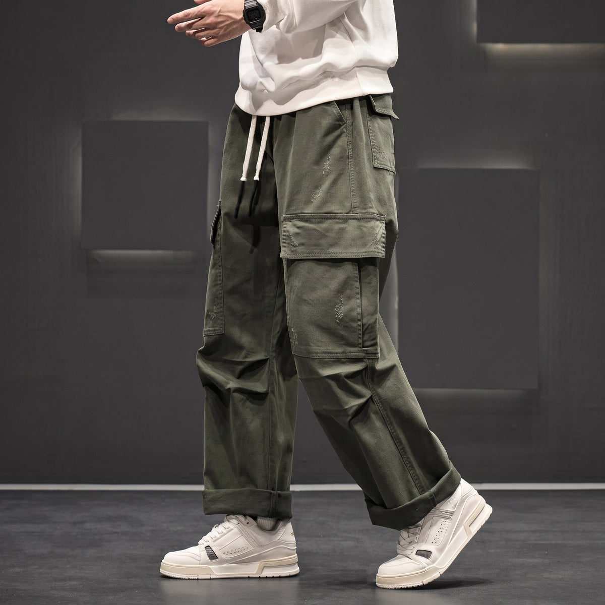 Charlie - Men's Wide-Leg Cargo Trousers with Drawstring Waist - Cargo Pants - Green - Davies & Cooper