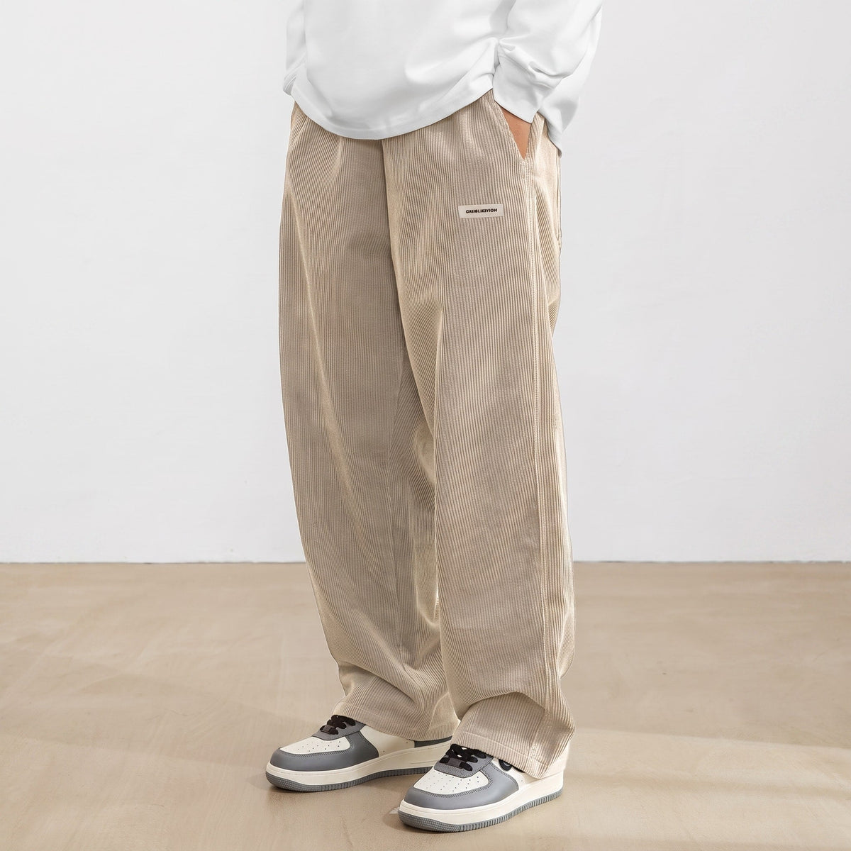 Charlie - Men's Wide-Leg Corduroy Trousers with Elasticated Waist - Trousers - Beige - Davies & Cooper