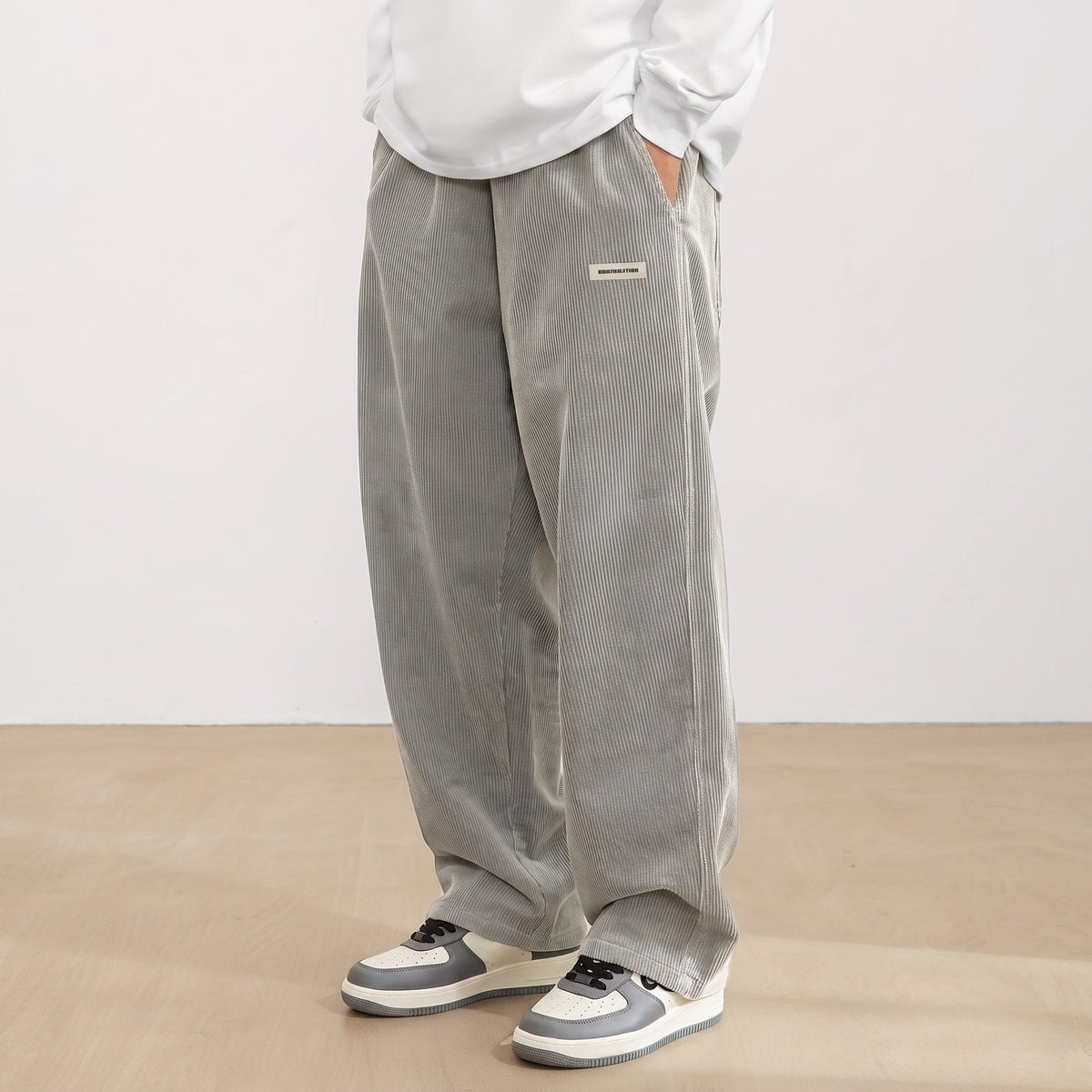 Charlie - Men's Wide-Leg Corduroy Trousers with Elasticated Waist - Trousers - Light Grey - Davies & Cooper