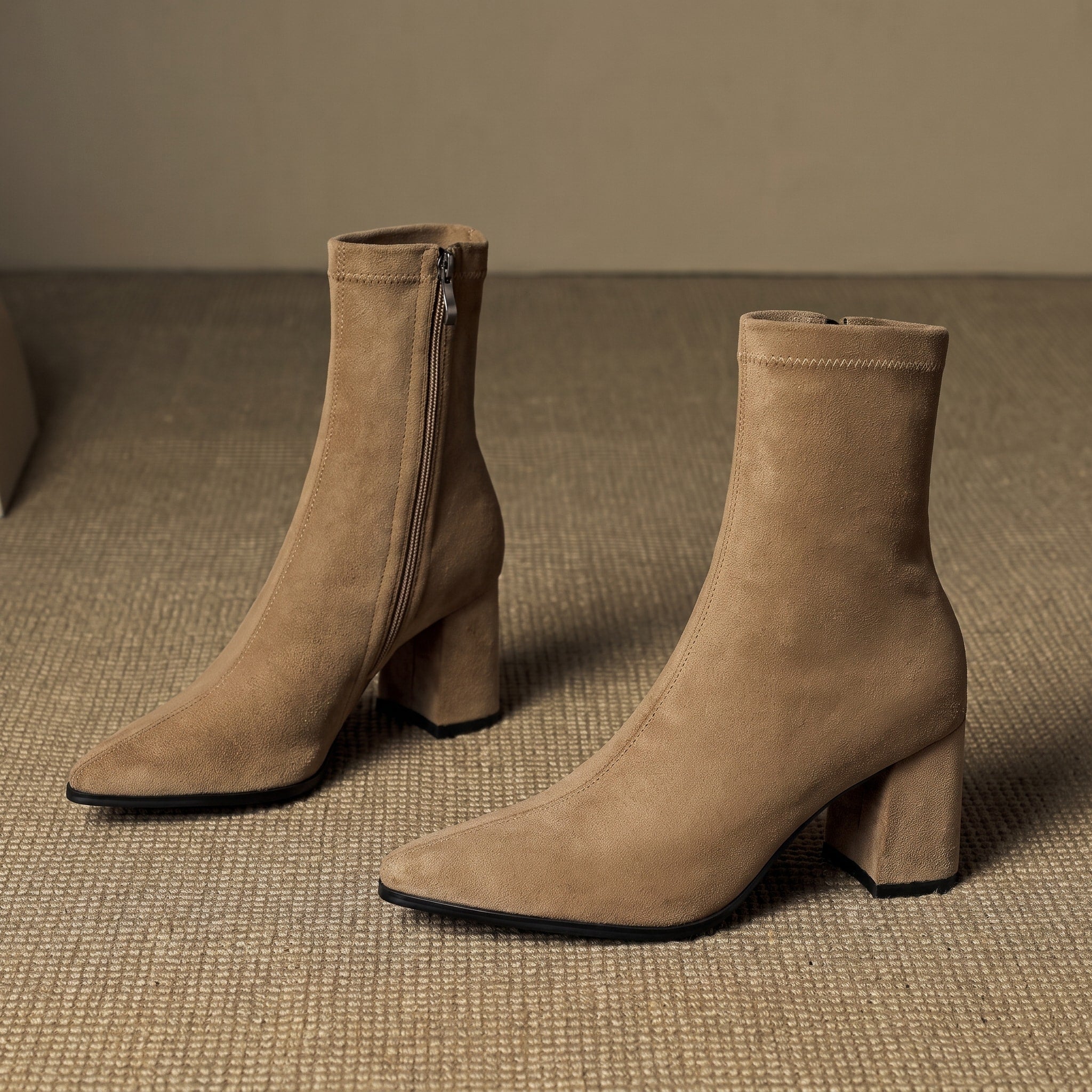 Charlotte - Women's Block Heel Ankle Boots with Pointed Toe - Boots - Beige - Davies & Cooper