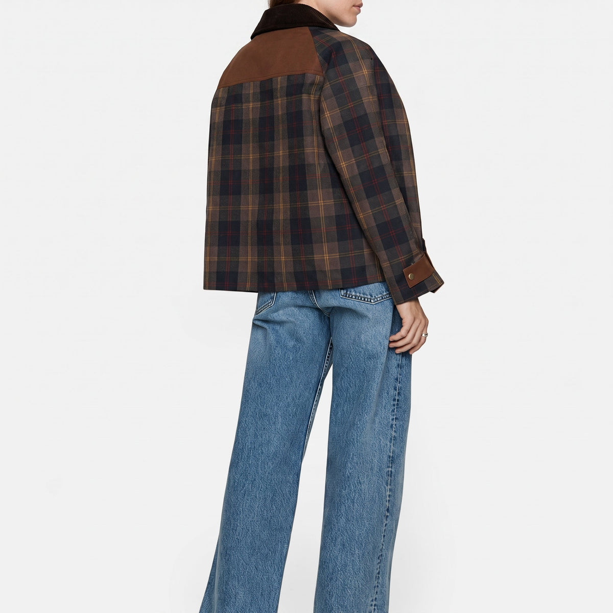 Charlotte - Women's Checked Jacket with Contast Collar and Button-Front - Coats & Jackets - Brown - Davies & Cooper