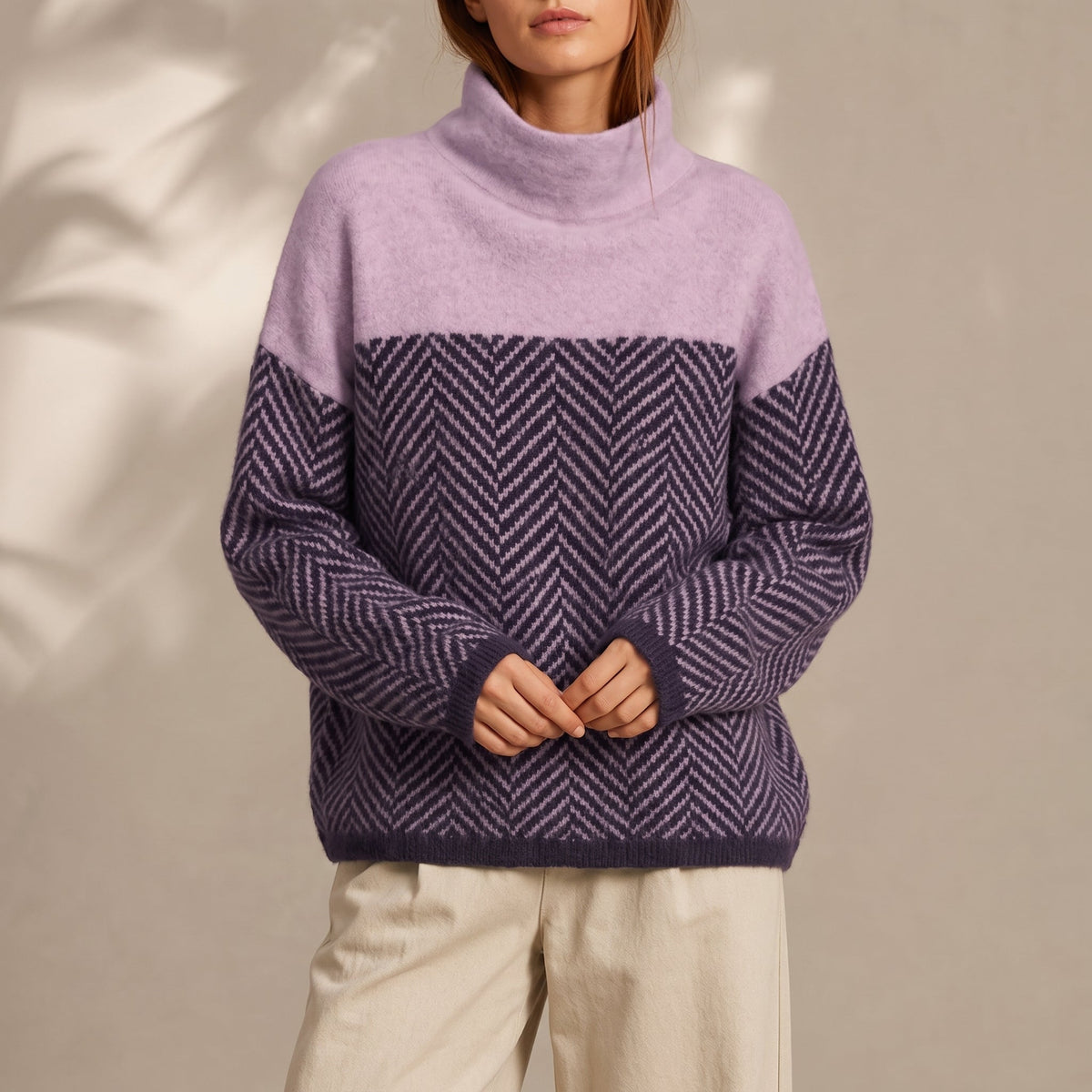 Charlotte - Women's Chevron Turtleneck Jumper with Colour-Block Design - Sweaters - Purple - Davies & Cooper