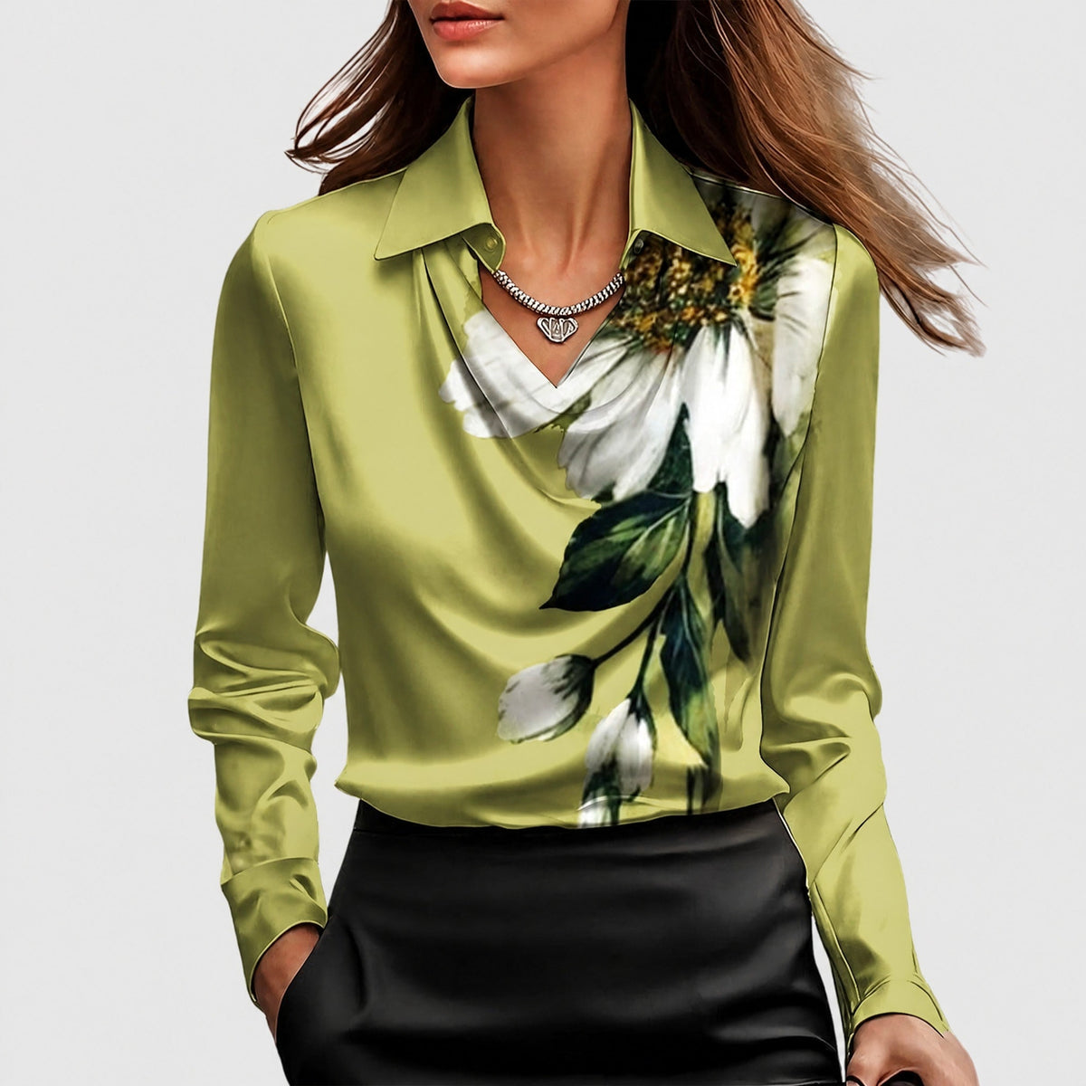 Charlotte - Women's Cowl Neck Blouse with Draped Collar - Blouses - Green - Davies & Cooper