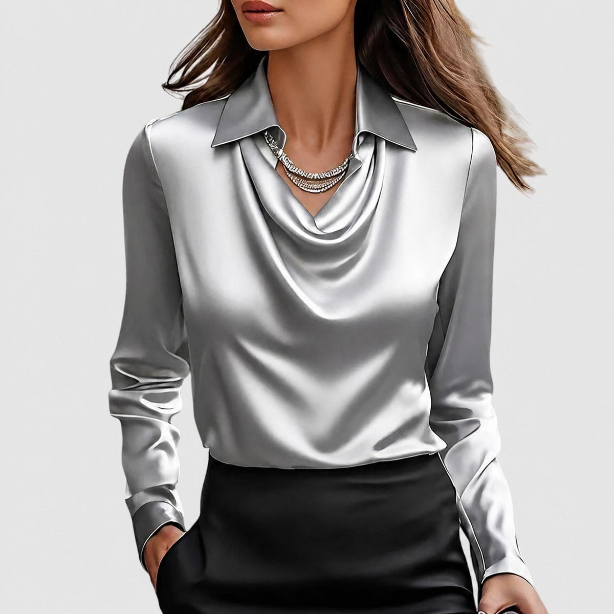 Charlotte - Women's Cowl Neck Blouse with Draped Collar - Blouses - Silver - Davies & Cooper