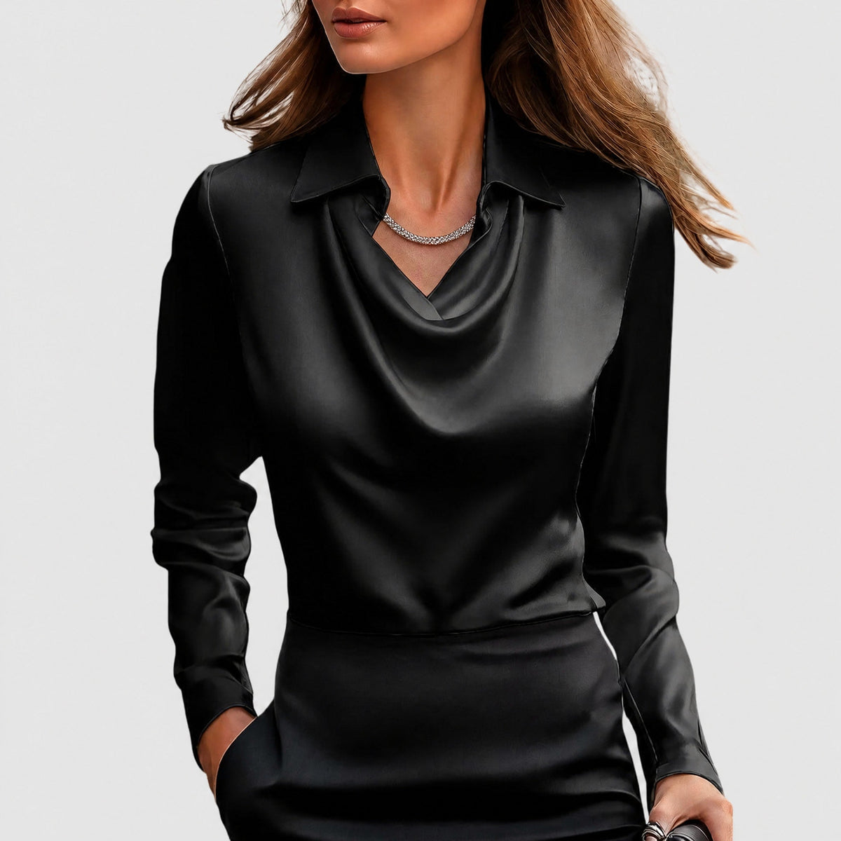 Charlotte - Women's Cowl Neck Blouse with Draped Collar - Blouses - Black - Davies & Cooper