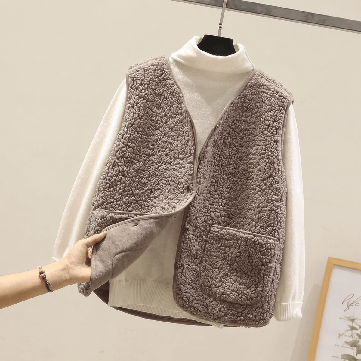 Charlotte - Women's Cropped Collarless Textured Gilet - Vests - Khaki - Davies & Cooper