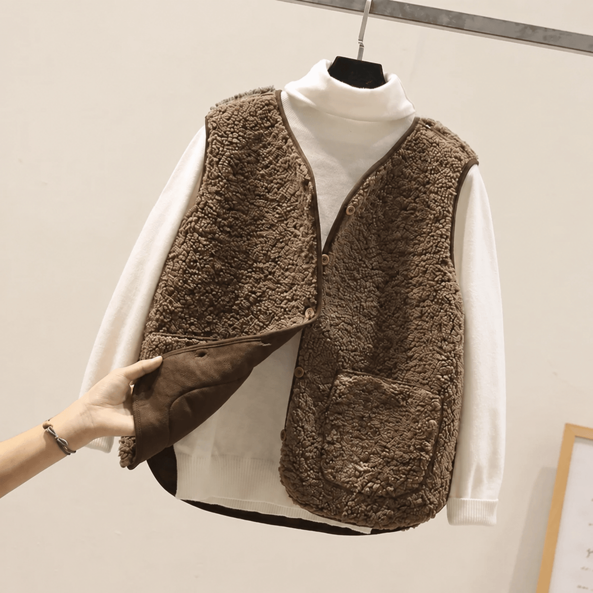Charlotte - Women's Cropped Collarless Textured Gilet - Vests - Brown - Davies & Cooper