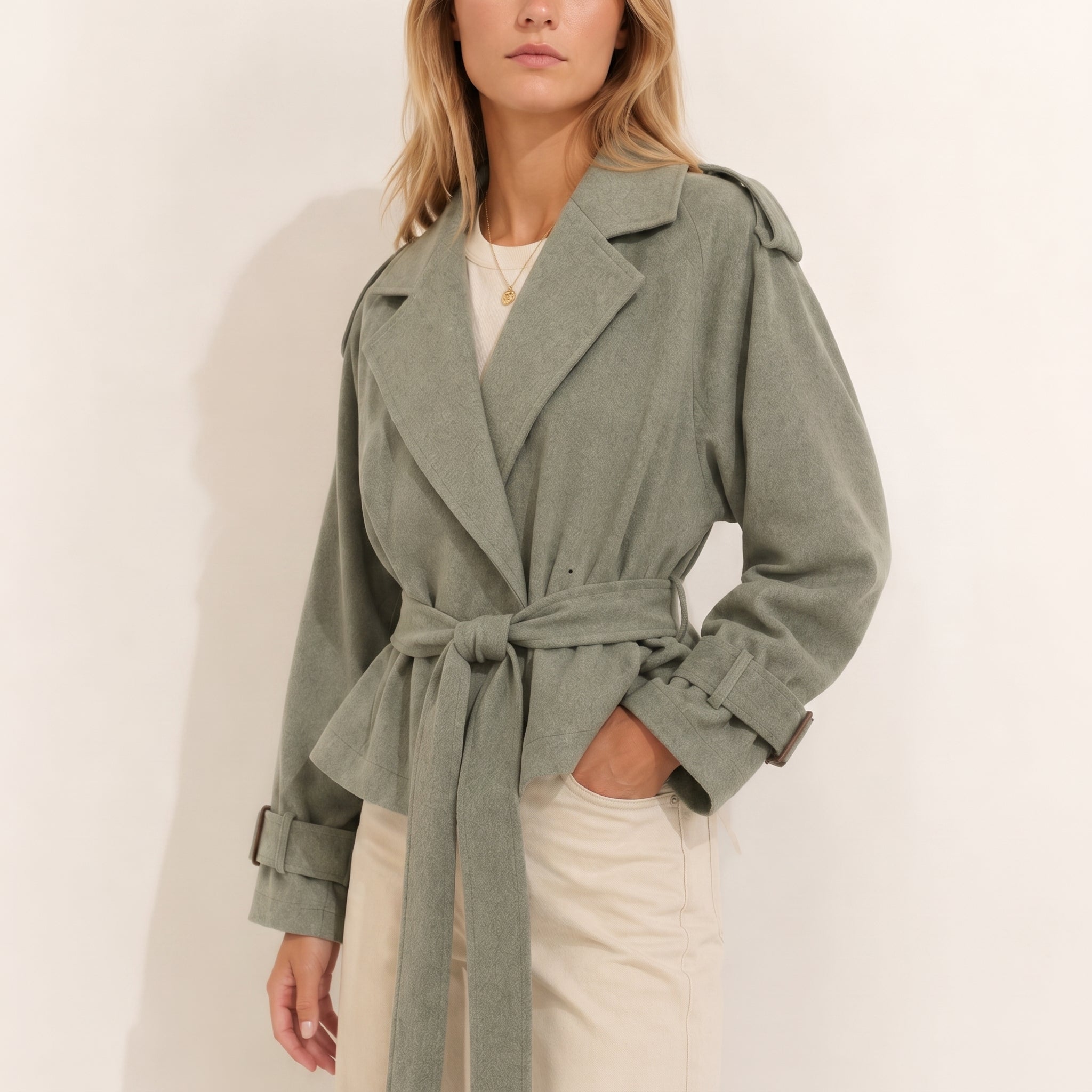 Charlotte - Women's Cropped Trench Coat with Belted Waist - Trench Coats - Green - Davies & Cooper