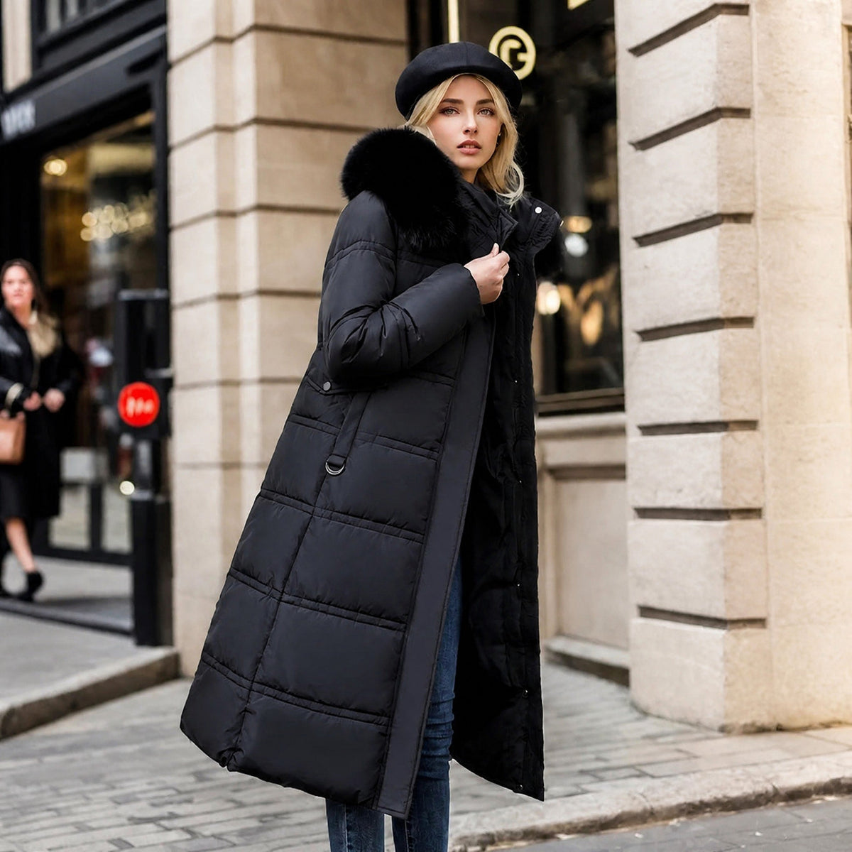 Charlotte - Women's Longline Belted Parka with Faux Fur Hood - Parkas - Black - Davies & Cooper