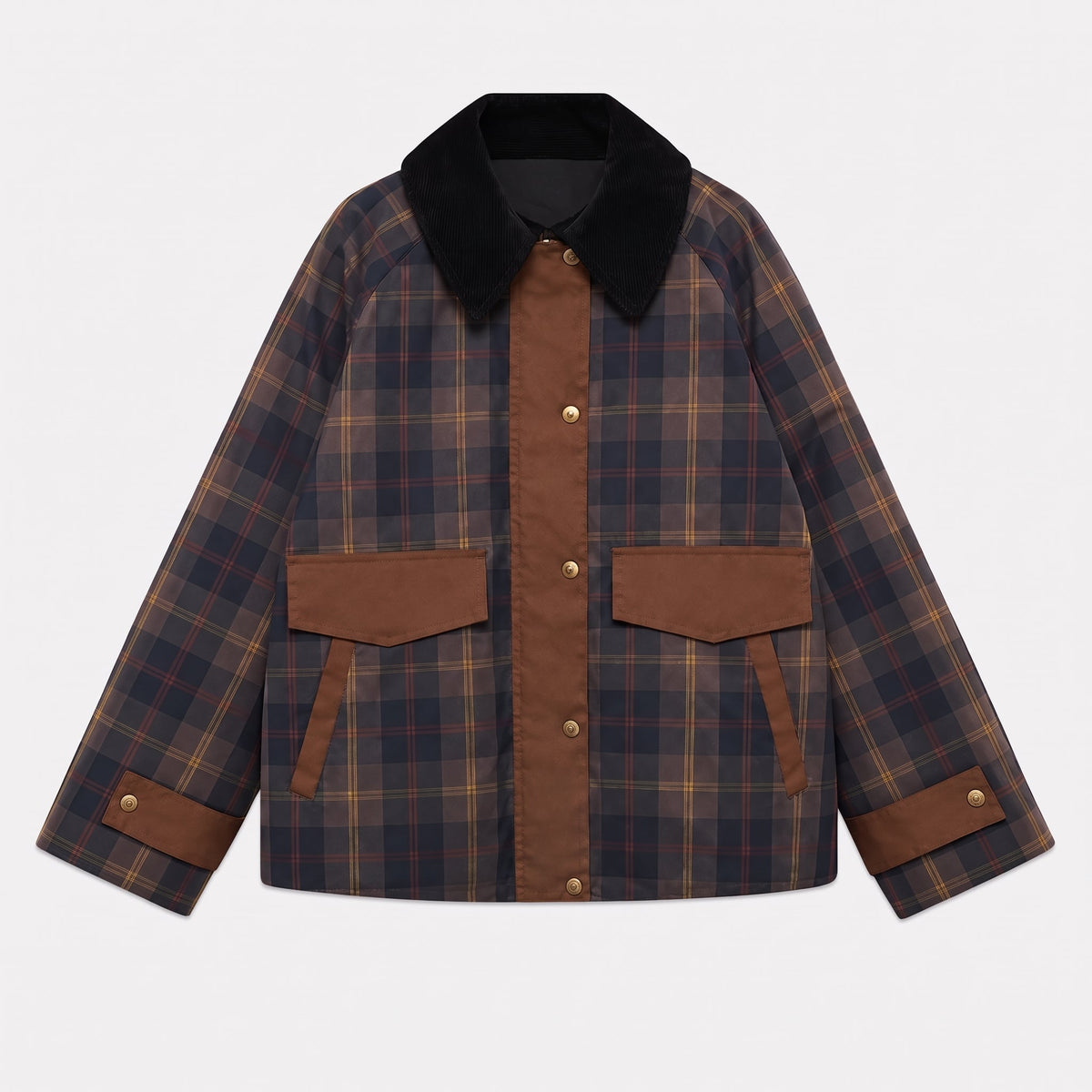 Charlotte - Women's Plaid Transitional Jacket with Contrast Collar Trim - Wrap Coat - Brown - Davies & Cooper