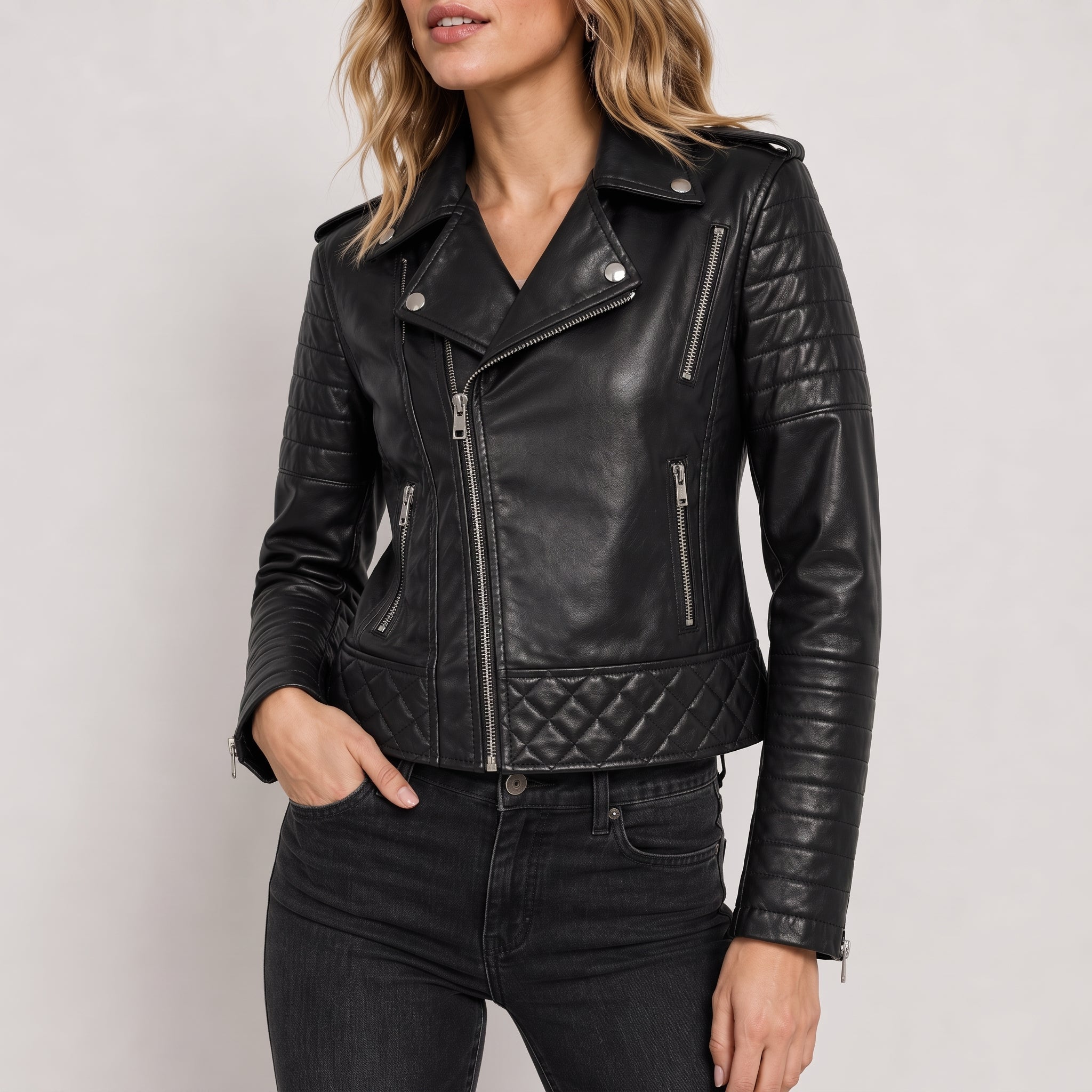 Charlotte - Women's Quilted Biker Jacket with Zip Detailing - Motorcycle Outerwear - Black - Davies & Cooper