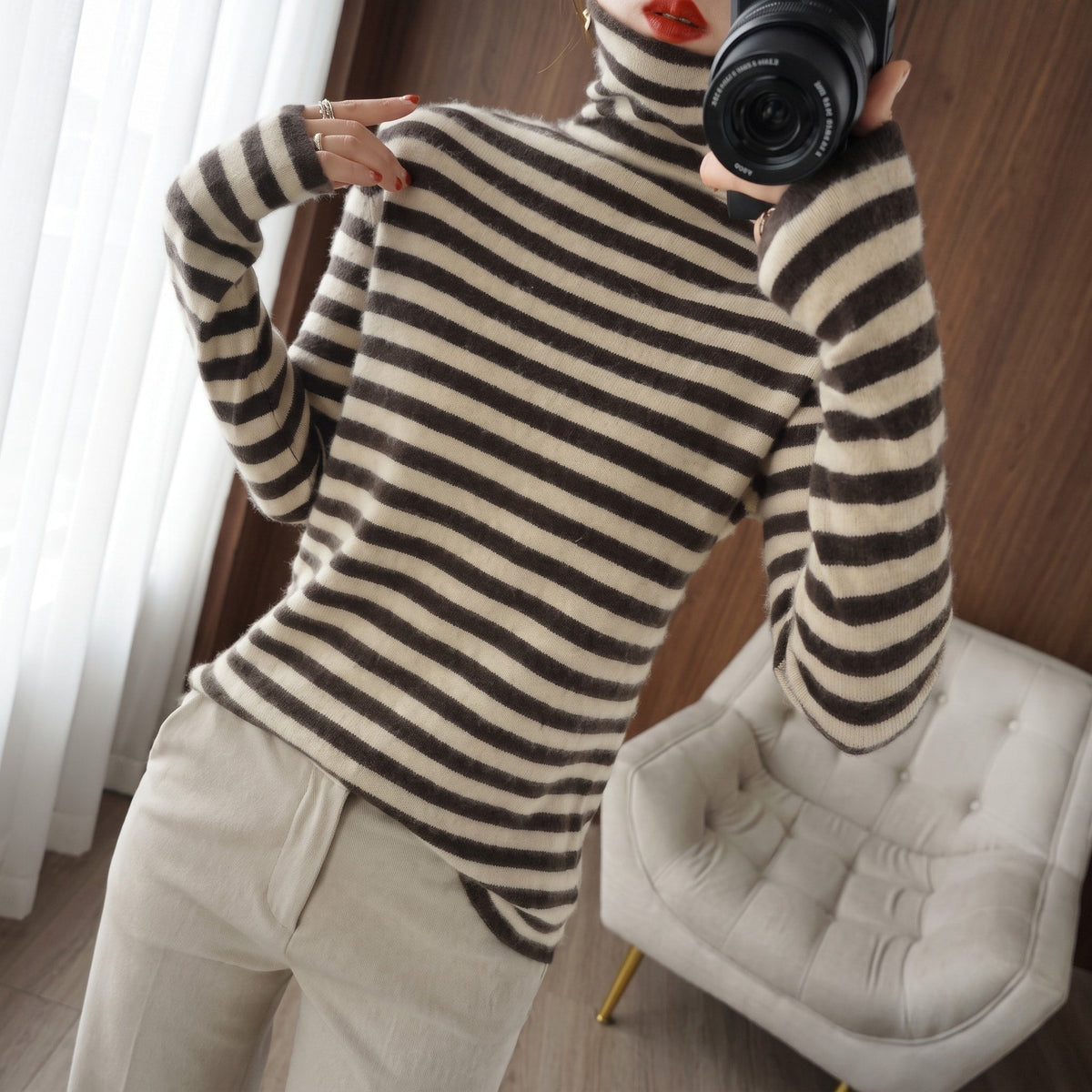 Charlotte - Women's Striped Turtleneck Knit Top with Long Sleeves - Sweaters - Brown - Davies & Cooper