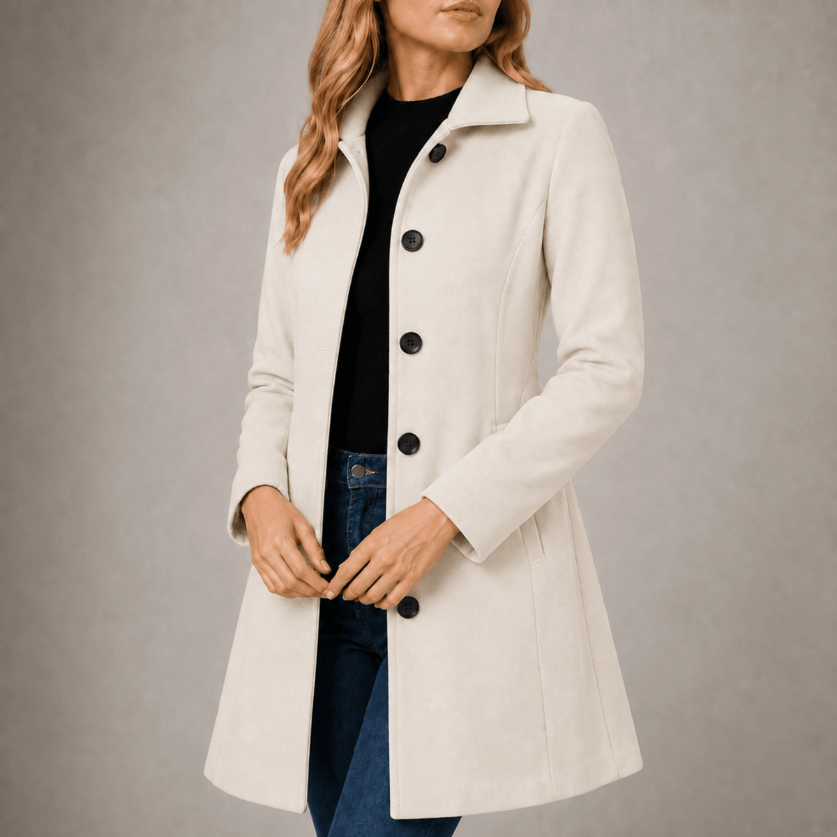 Charlotte - Women's Tailored Single-Breasted Midi Coat with Collar - Overcoats - Beige - Davies & Cooper