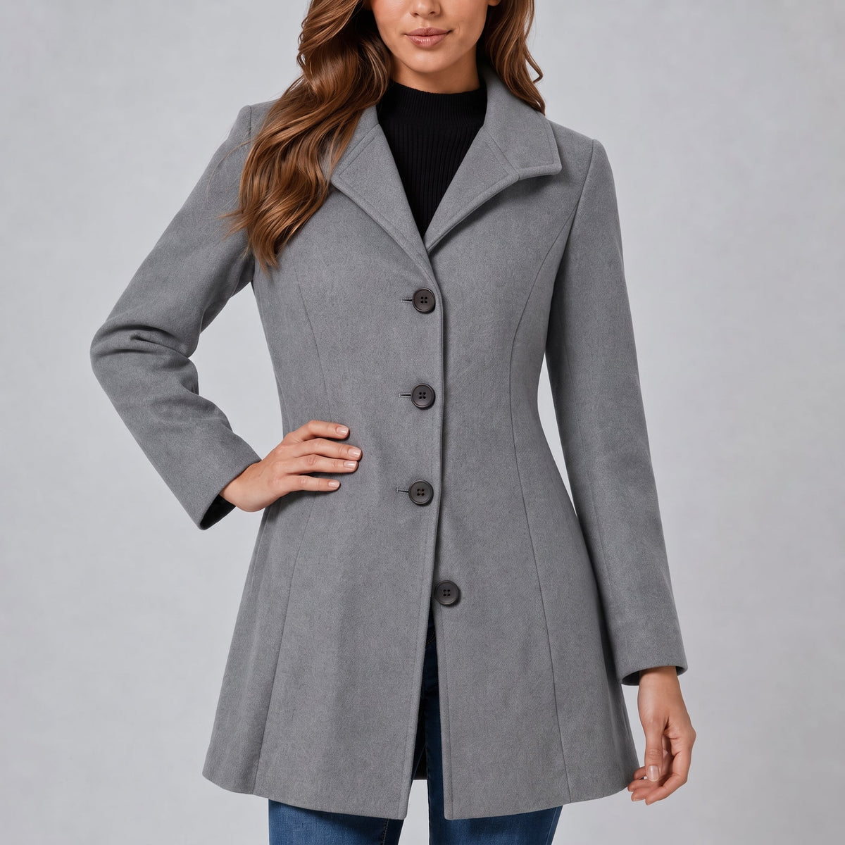 Charlotte - Women's Tailored Single-Breasted Midi Coat with Collar - Overcoats - Grey - Davies & Cooper