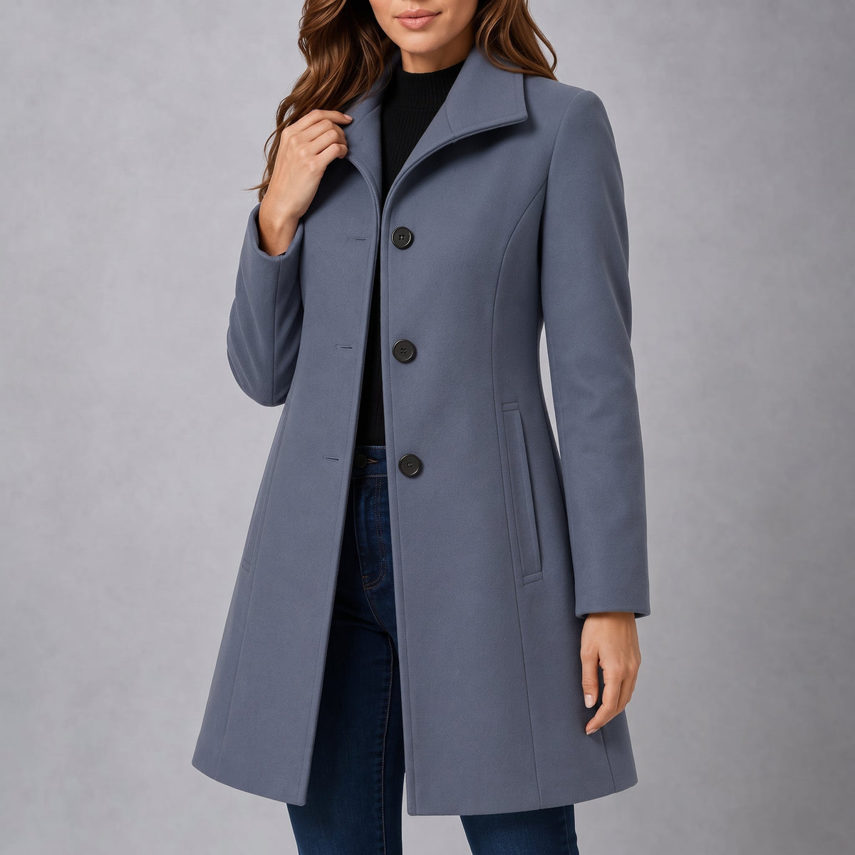 Charlotte - Women's Tailored Single-Breasted Midi Coat with Collar - Overcoats - Light Blue - Davies & Cooper
