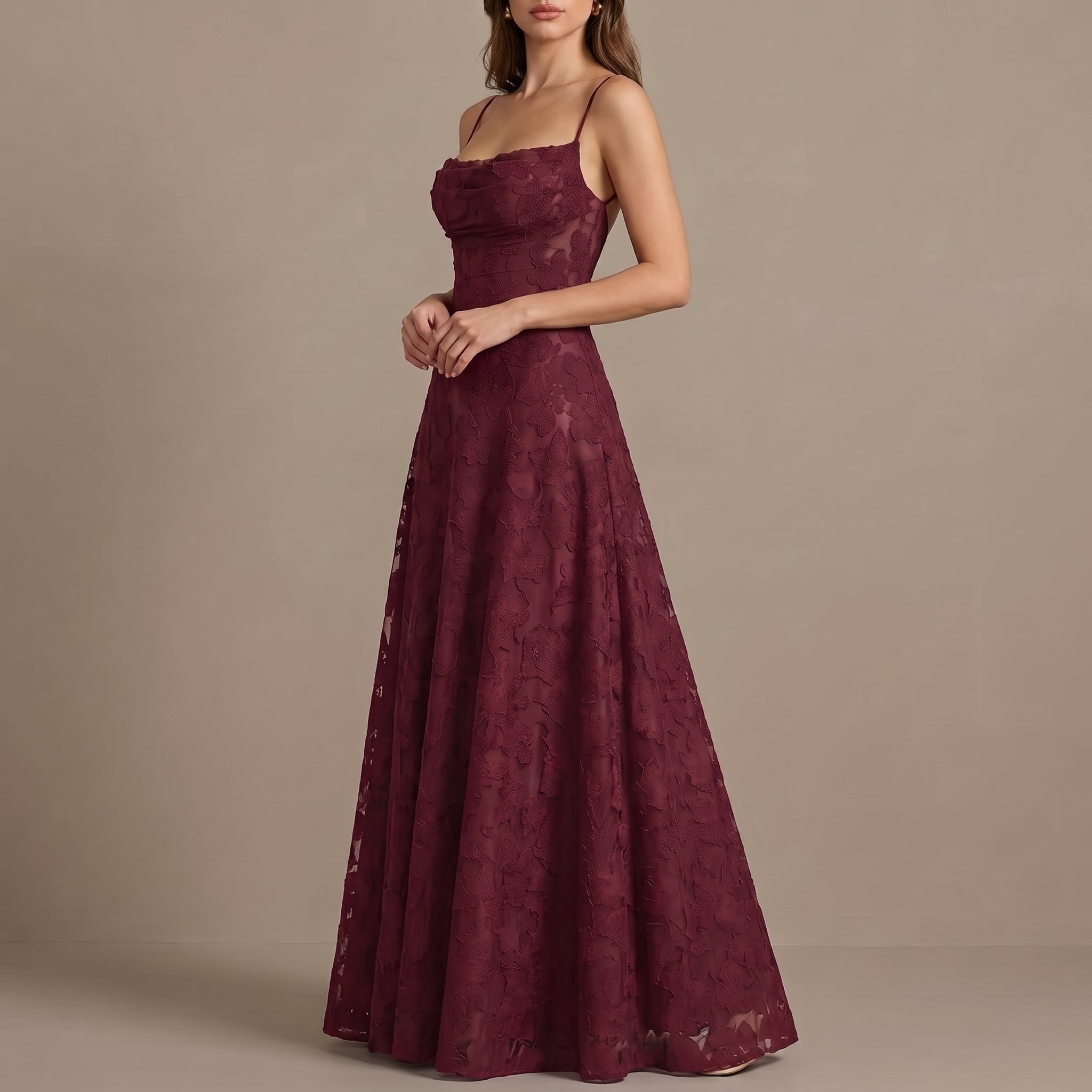 Charlotte - Women's Wedding Guest Spaghetti Strap Maxi Dress - Maxi Dress - Burgundy - Davies & Cooper