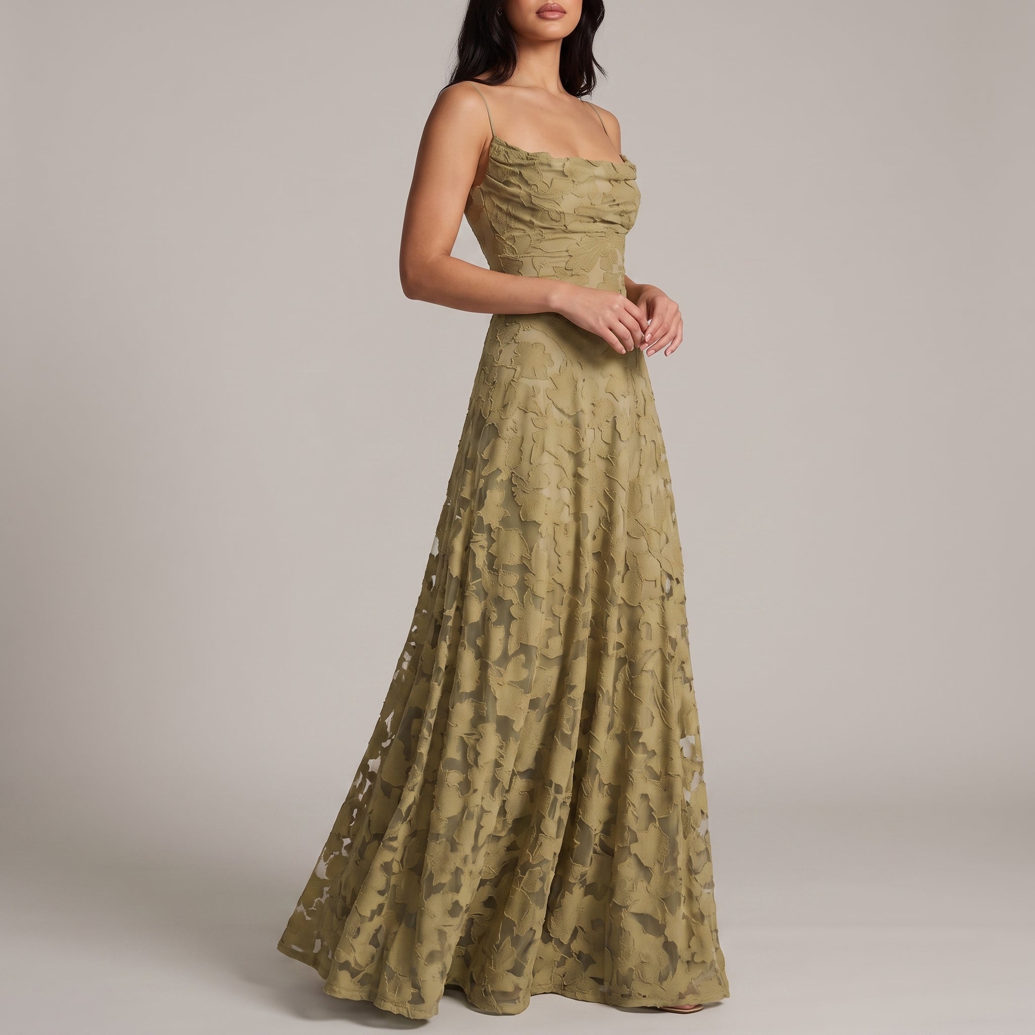 Charlotte - Women's Wedding Guest Spaghetti Strap Maxi Dress - Maxi Dress - Olive Green - Davies & Cooper