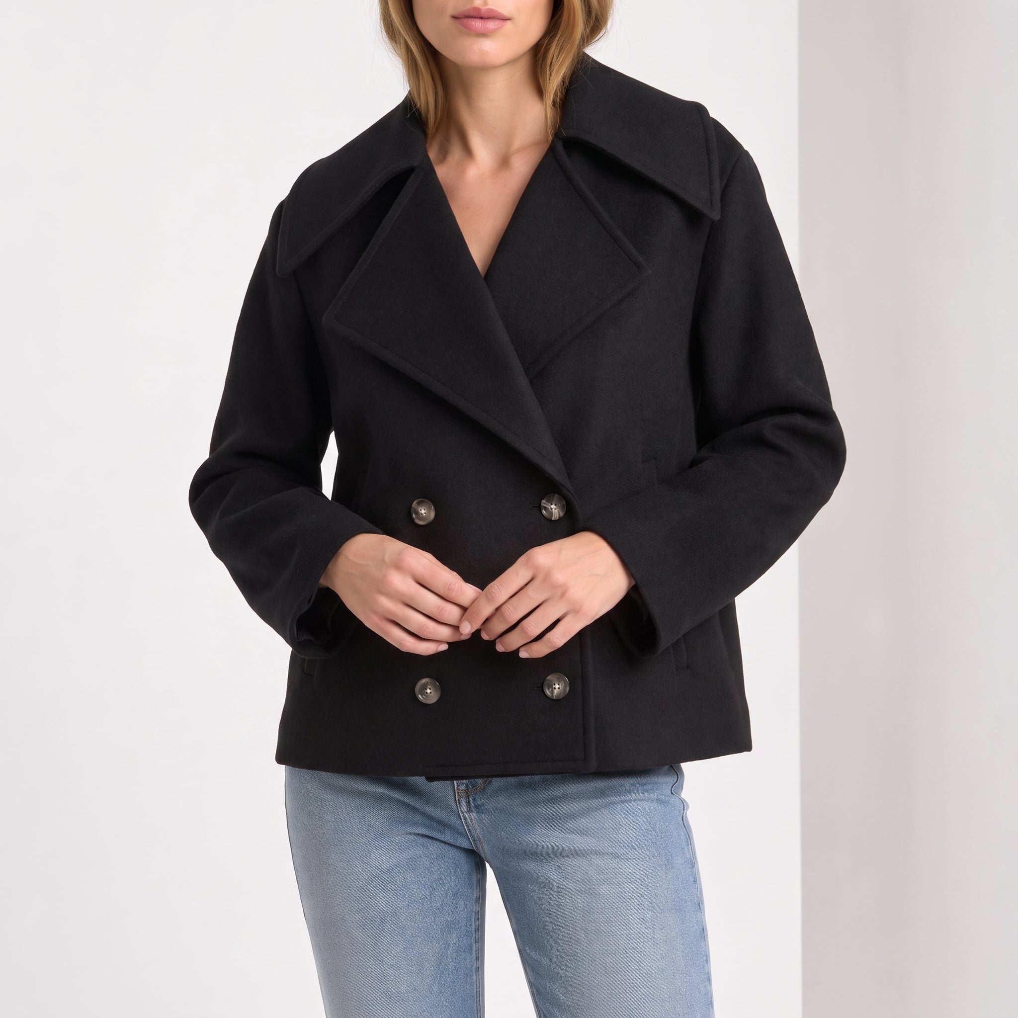 Charlotte - Women's Wide Lapel Cropped Double-Breasted Jacket - Pea Coats - Black - Davies & Cooper