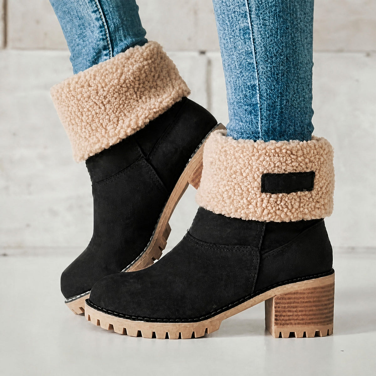 Chloe - Women's Block Heel Ankle Boots with Faux Fur Trim - Boots - Black - Davies & Cooper