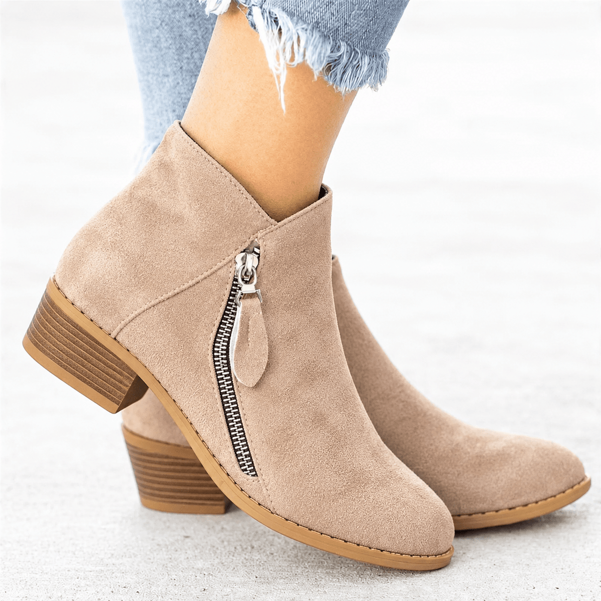 Chloe - Women's Orthopaedic Ankle Boots with Zip Fastening and Block Heel - Boots - Beige - Davies & Cooper