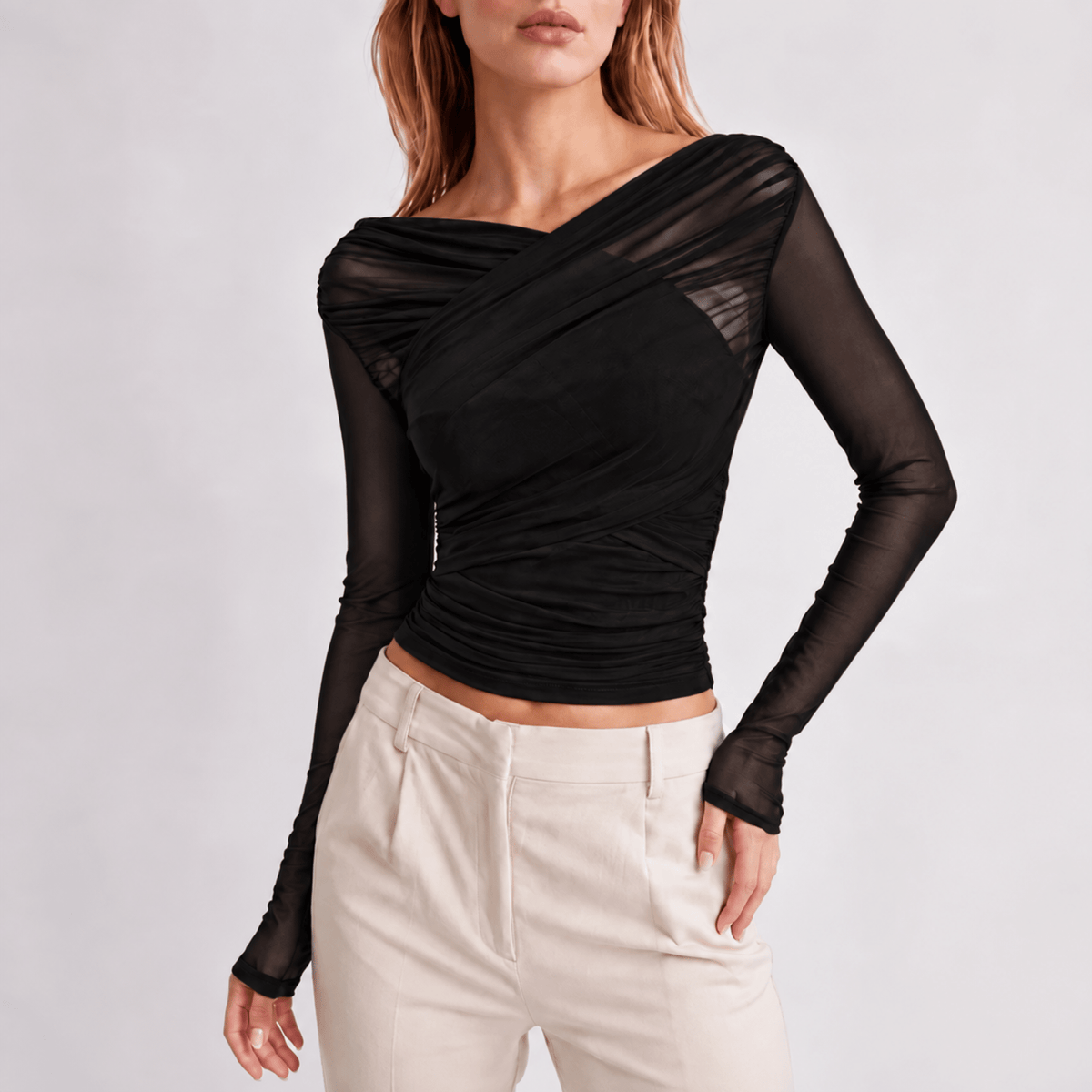 Chloe - Women's Ruched Wrap Long Sleeve Crop Top - Blouses - Black - Davies & Cooper