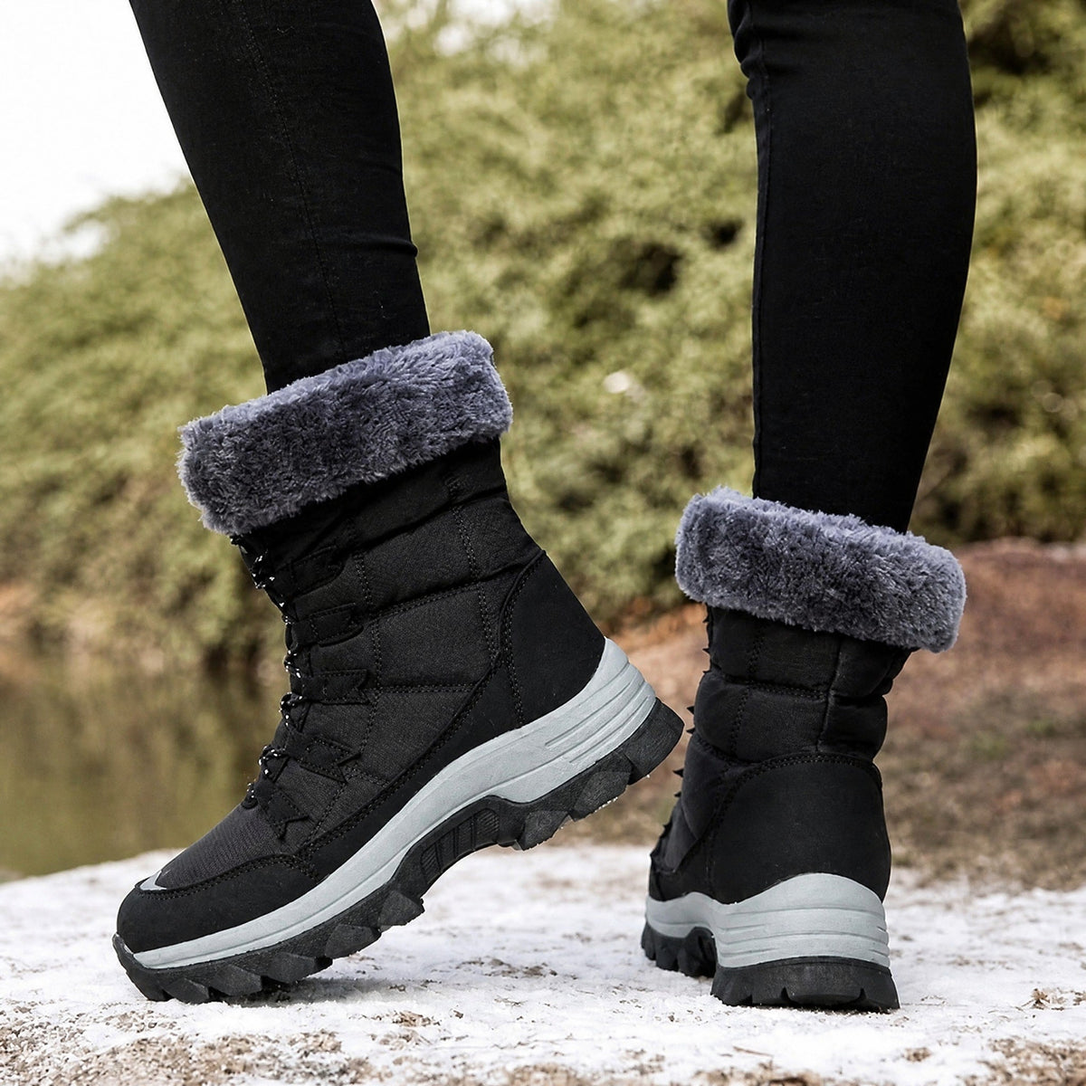 Chloe - Women's Waterproof Faux Fur Trim Chunky Sole Snow Boots - Boots - Black - Davies & Cooper