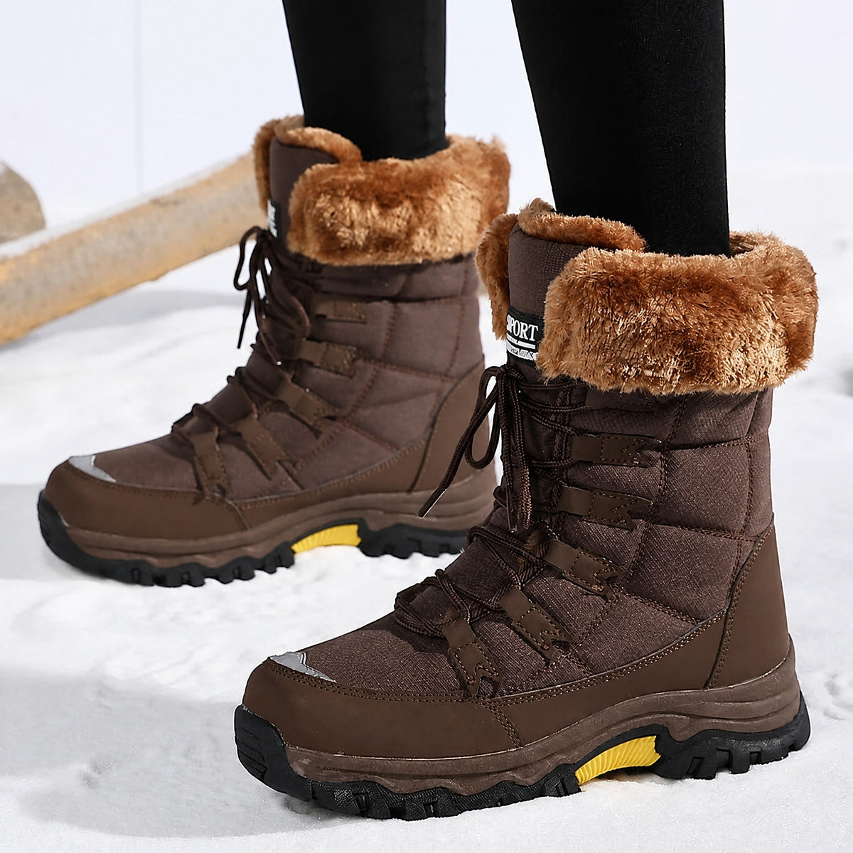 Chloe - Women's Waterproof Faux Fur Trim Chunky Sole Snow Boots - Boots - Brown - Davies & Cooper