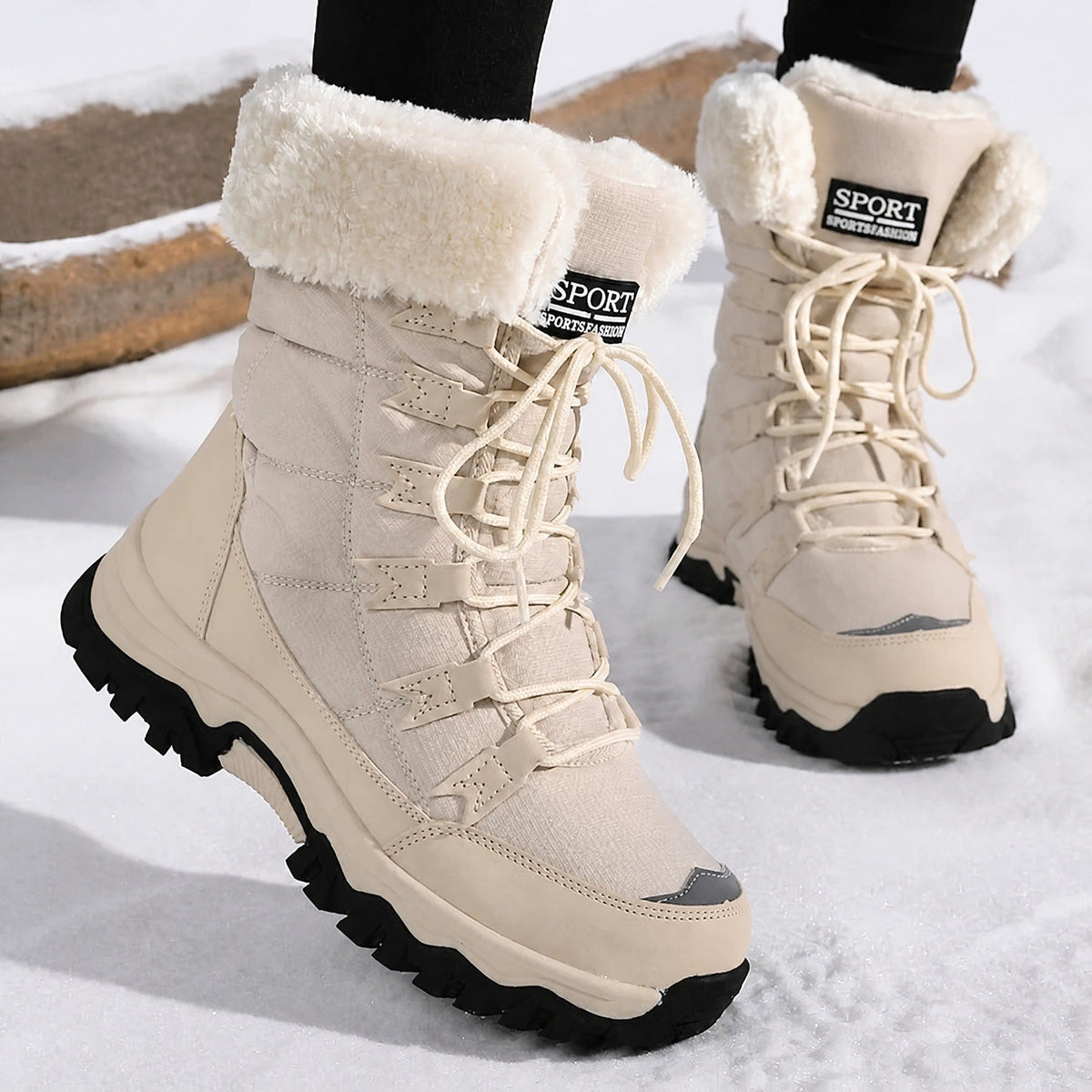 Chloe - Women's Waterproof Faux Fur Trim Chunky Sole Snow Boots - Boots - Beige - Davies & Cooper