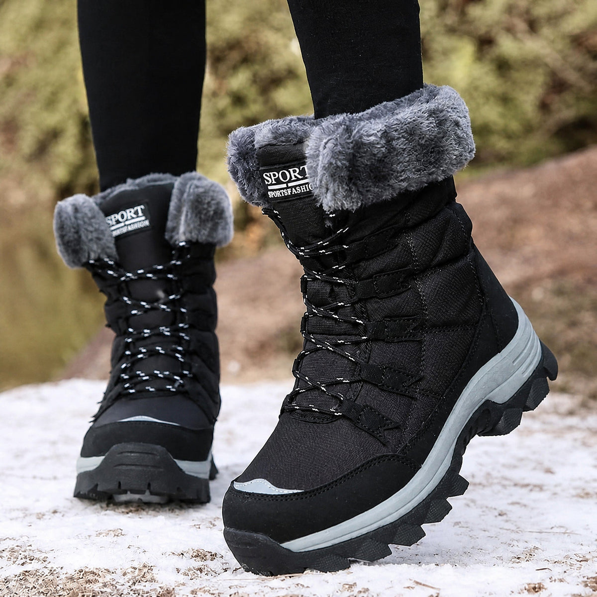 Chloe - Women's Waterproof Faux Fur Trim Chunky Sole Snow Boots - Boots - Black - Davies & Cooper