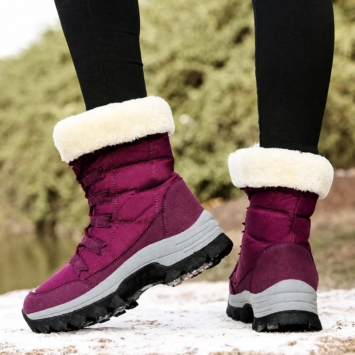 Chloe - Women's Waterproof Faux Fur Trim Chunky Sole Snow Boots - Boots - Purple - Davies & Cooper
