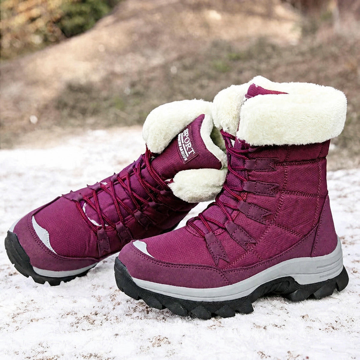 Chloe - Women's Waterproof Faux Fur Trim Chunky Sole Snow Boots - Boots - Purple - Davies & Cooper