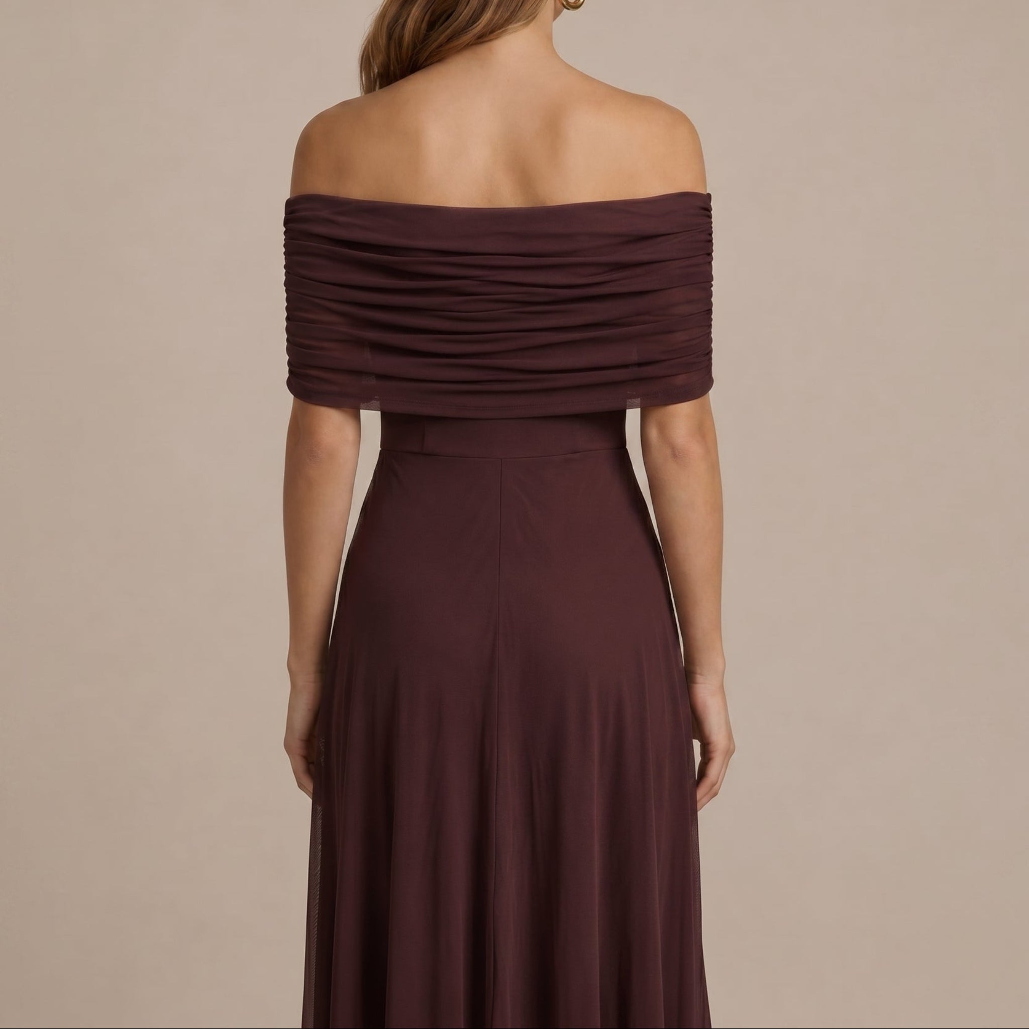 Clara - Women's Evening Off-Shoulder Ruched Wedding Guest Maxi Dress - Dresses - Brown - Davies & Cooper
