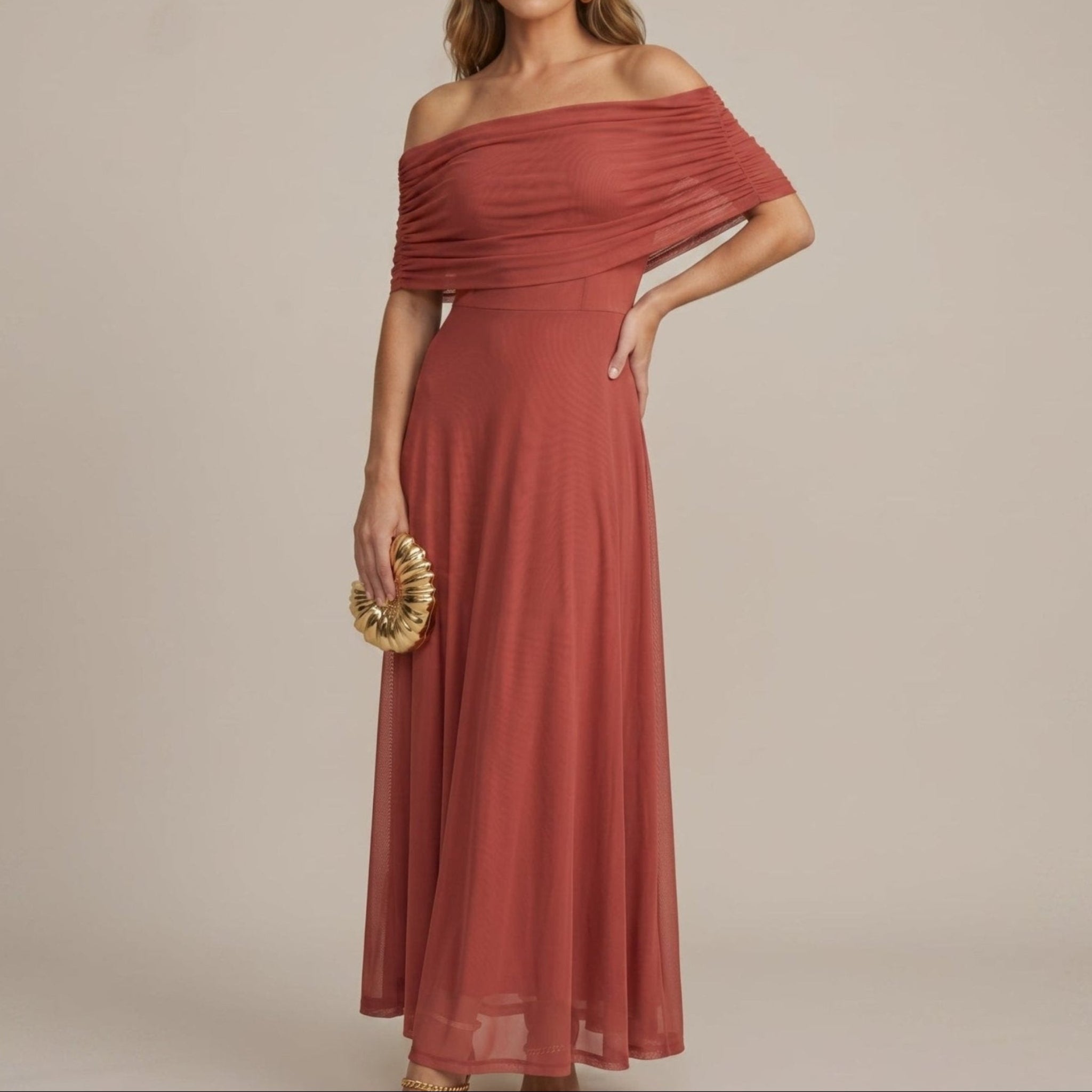Clara - Women's Evening Off-Shoulder Ruched Wedding Guest Maxi Dress - Dresses - Red - Davies & Cooper