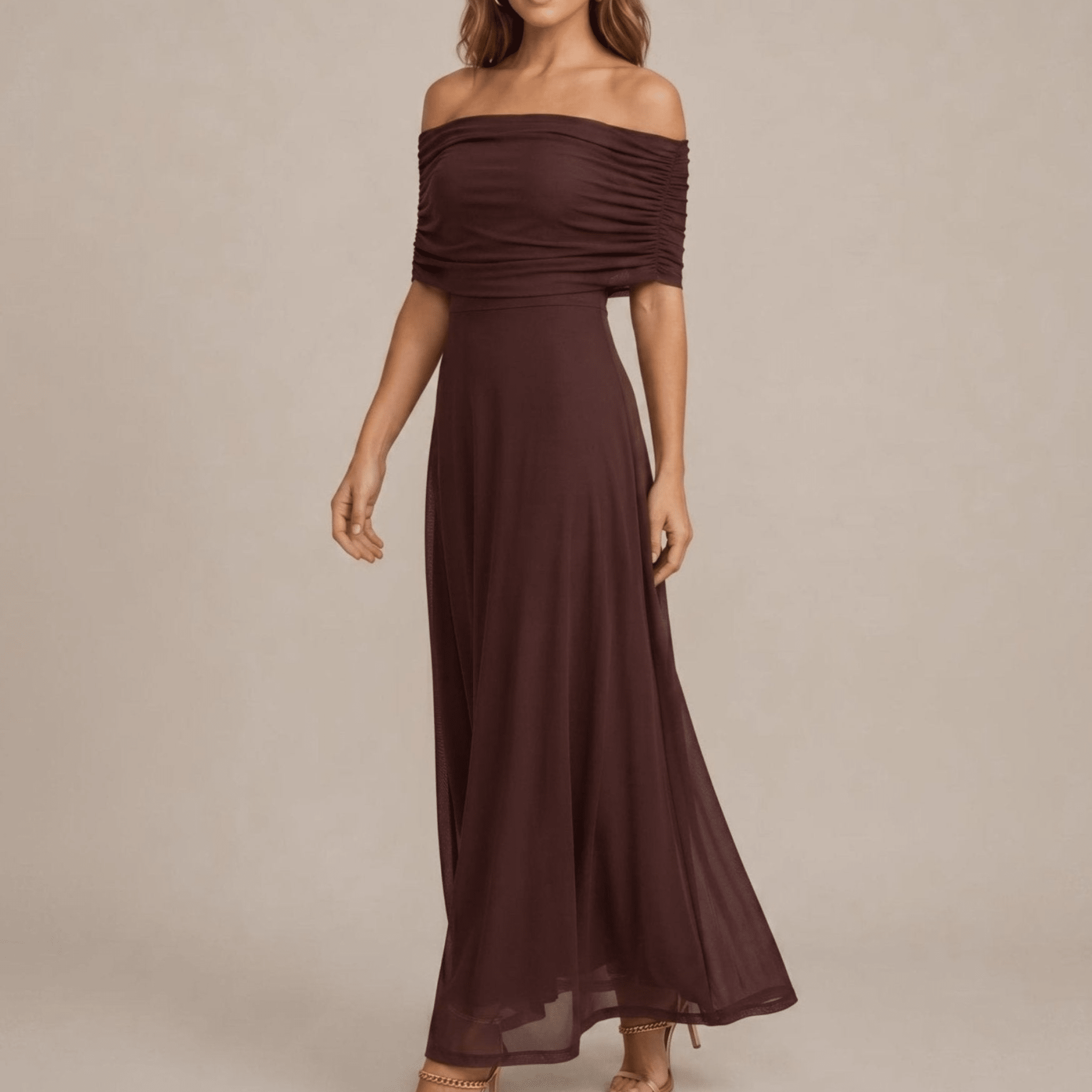 Clara - Women's Evening Off-Shoulder Ruched Wedding Guest Maxi Dress - Dresses - Brown - Davies & Cooper