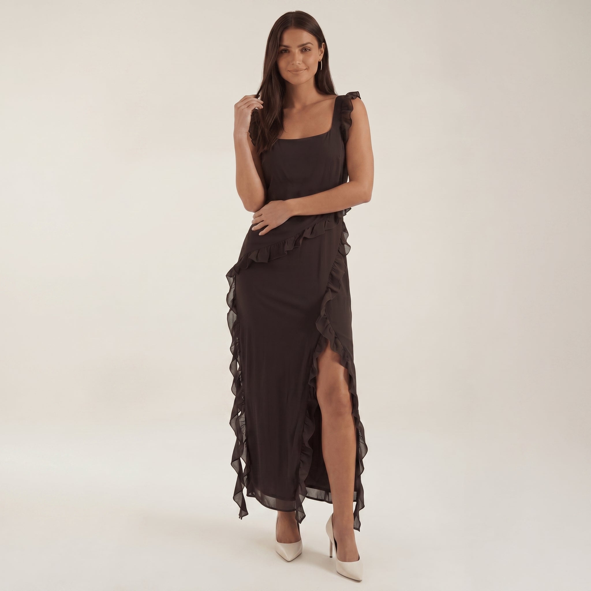 Clara - Women's Evening Ruffle Split Maxi Dress - Maxi Dresses - Brown - Davies & Cooper