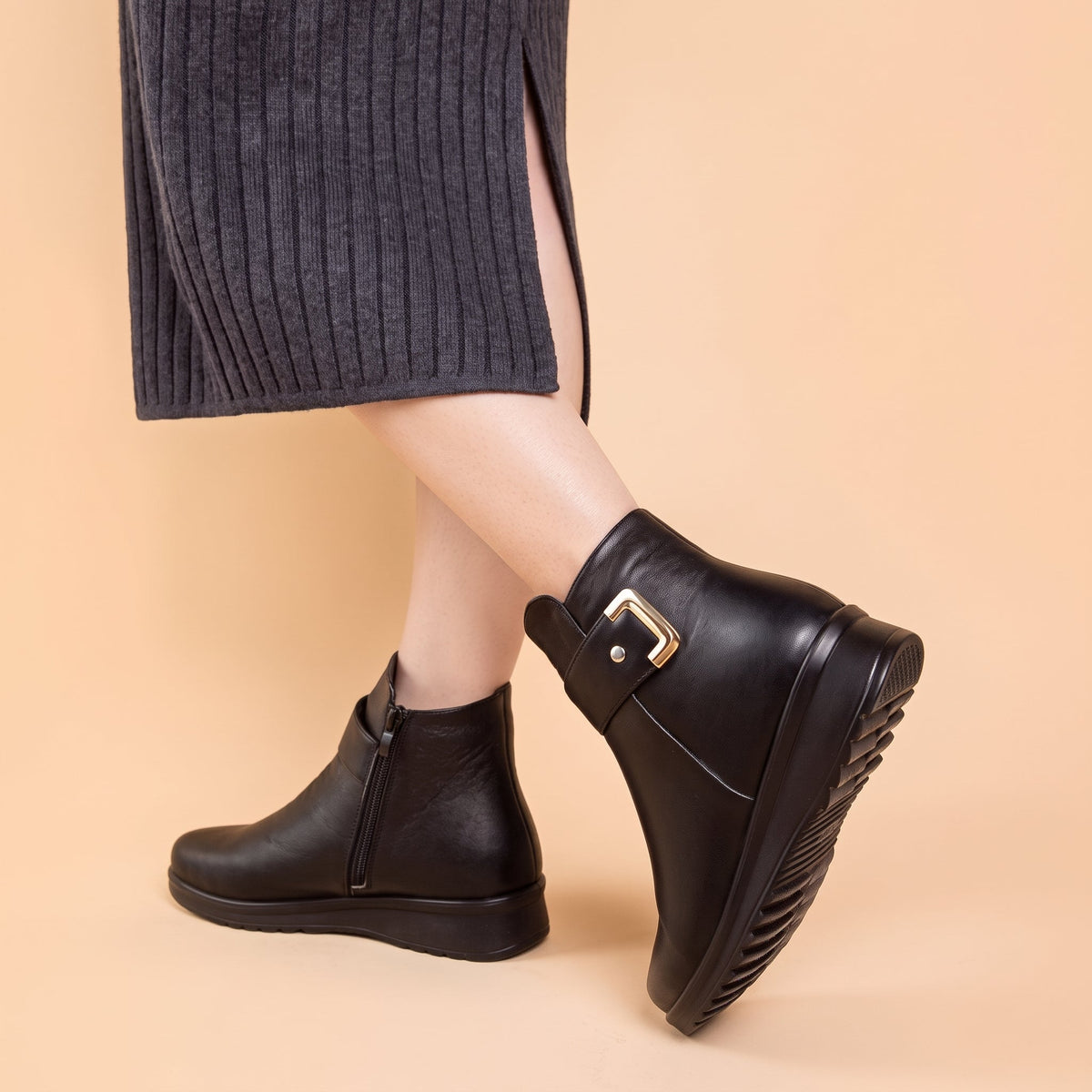 Clara - Women's Orthopaedic Ankle Boots with Buckle Strap and Fleece Lining - Boots - Black - Davies & Cooper