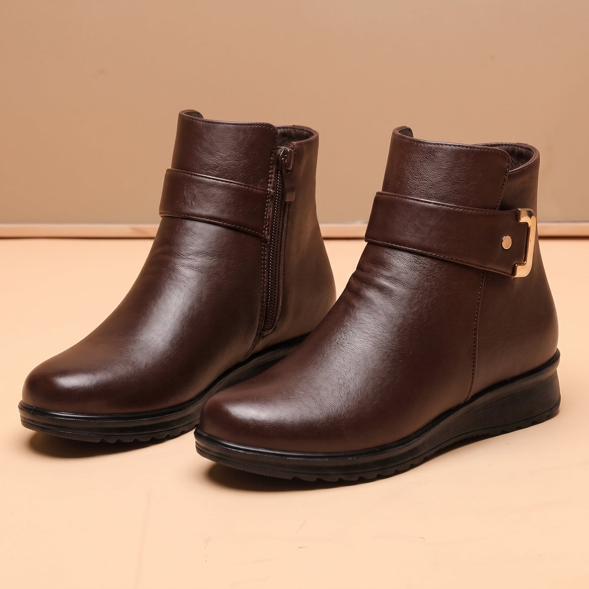 Clara - Women's Orthopaedic Ankle Boots with Buckle Strap and Fleece Lining - Boots - Brown - Davies & Cooper