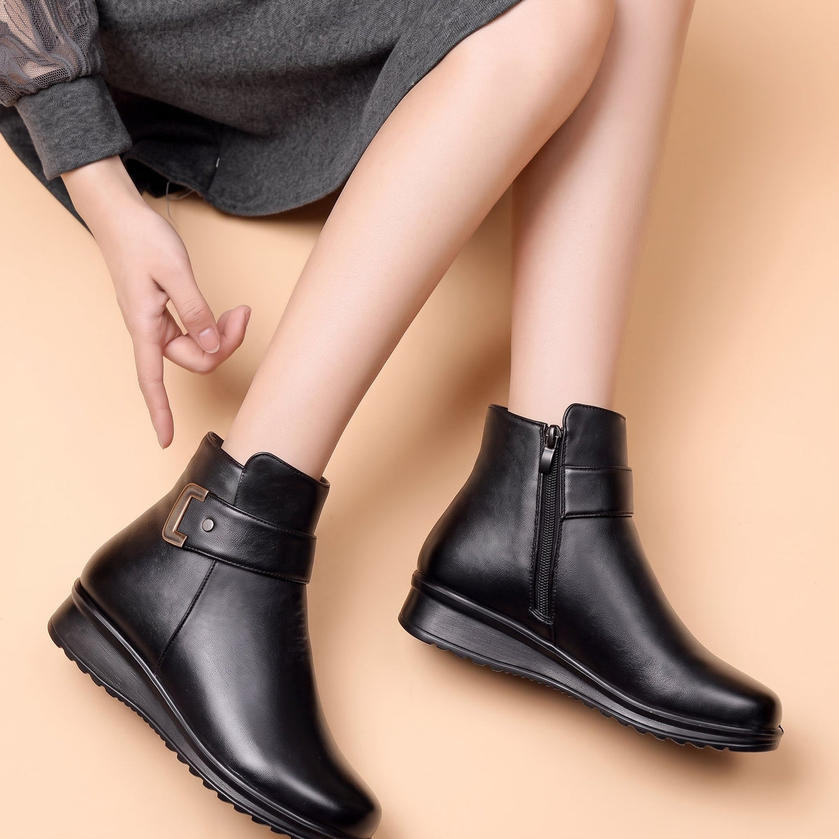 Clara - Women's Orthopaedic Ankle Boots with Buckle Strap and Fleece Lining - Boots - Black - Davies & Cooper