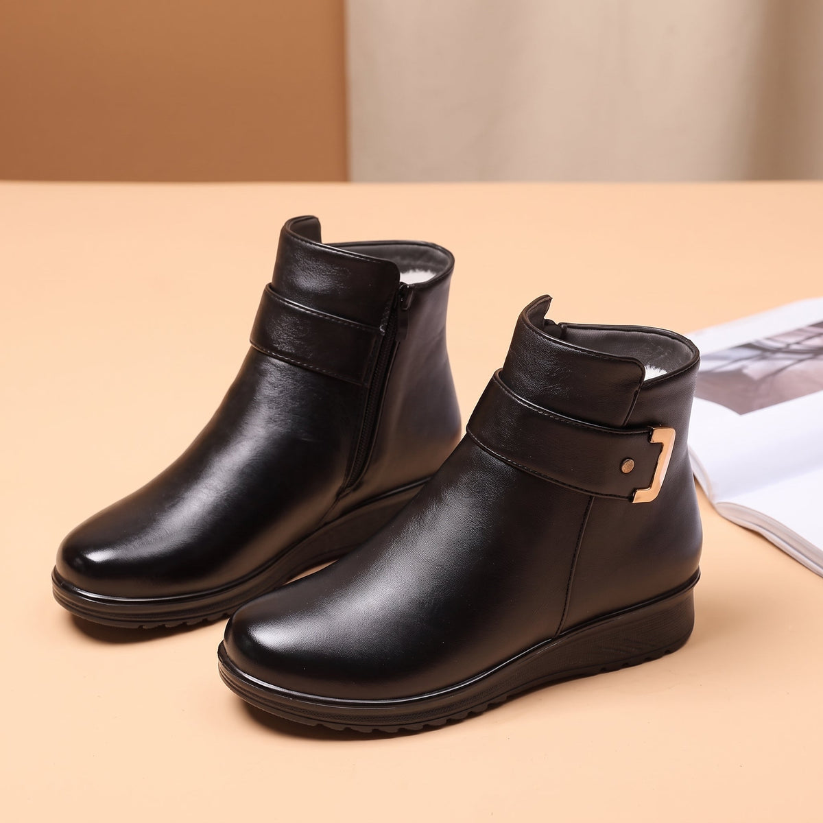 Clara - Women's Orthopaedic Ankle Boots with Buckle Strap and Fleece Lining - Boots - Black - Davies & Cooper
