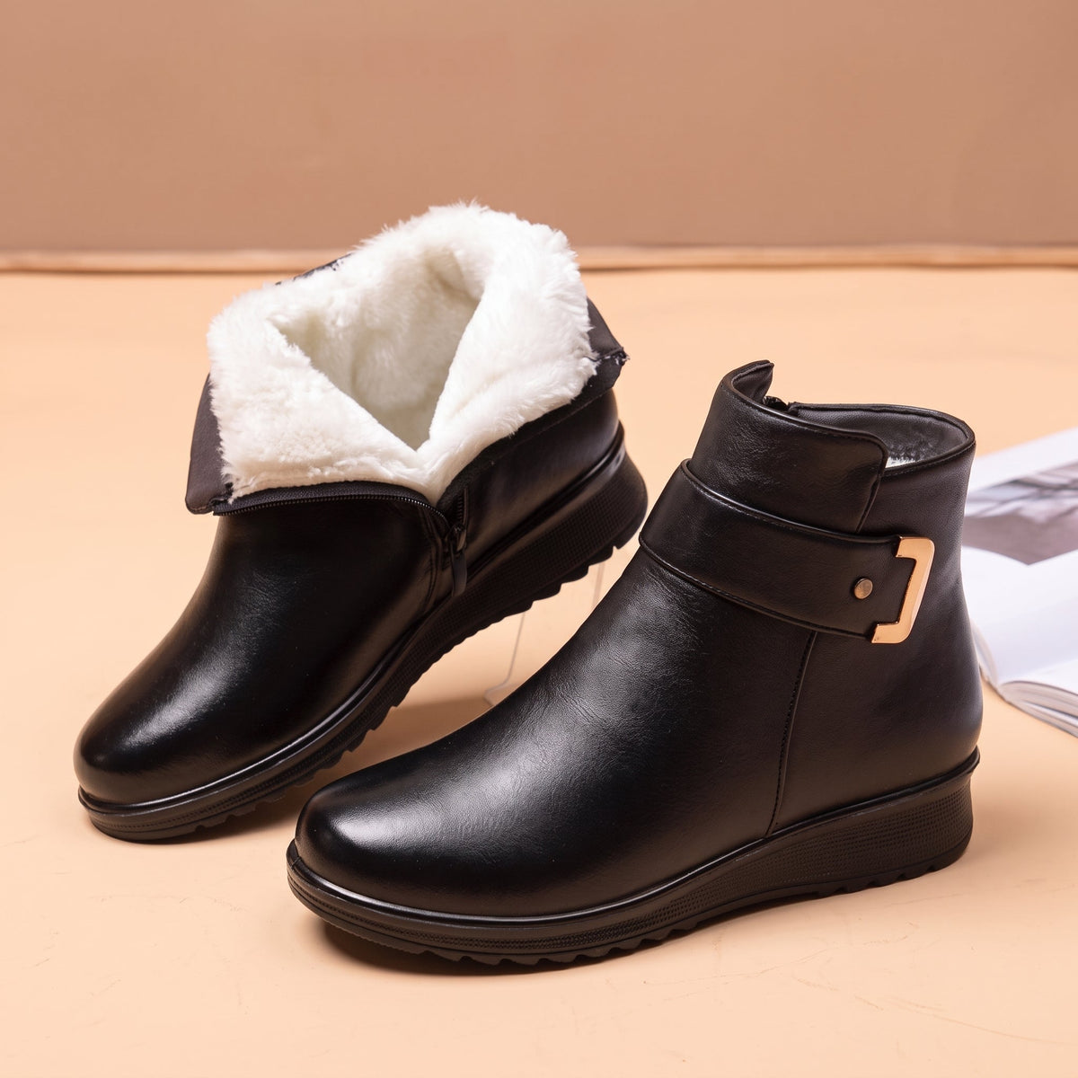 Clara - Women's Orthopaedic Ankle Boots with Buckle Strap and Fleece Lining - Boots - Black - Davies & Cooper