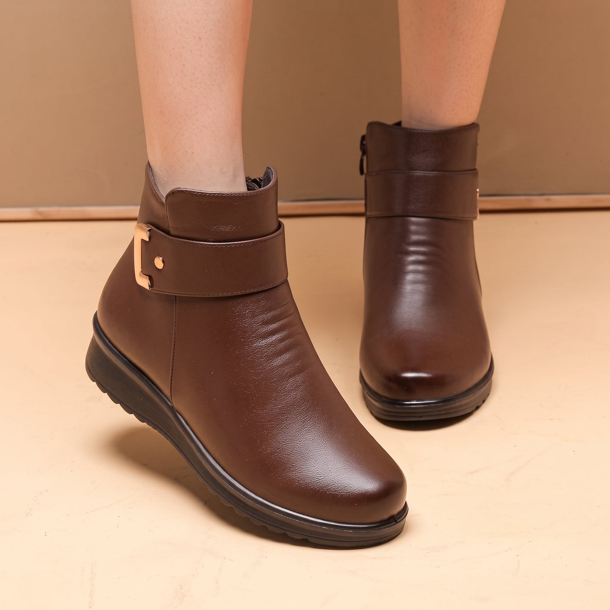 Clara - Women's Orthopaedic Ankle Boots with Buckle Strap and Fleece Lining - Boots - Brown - Davies & Cooper