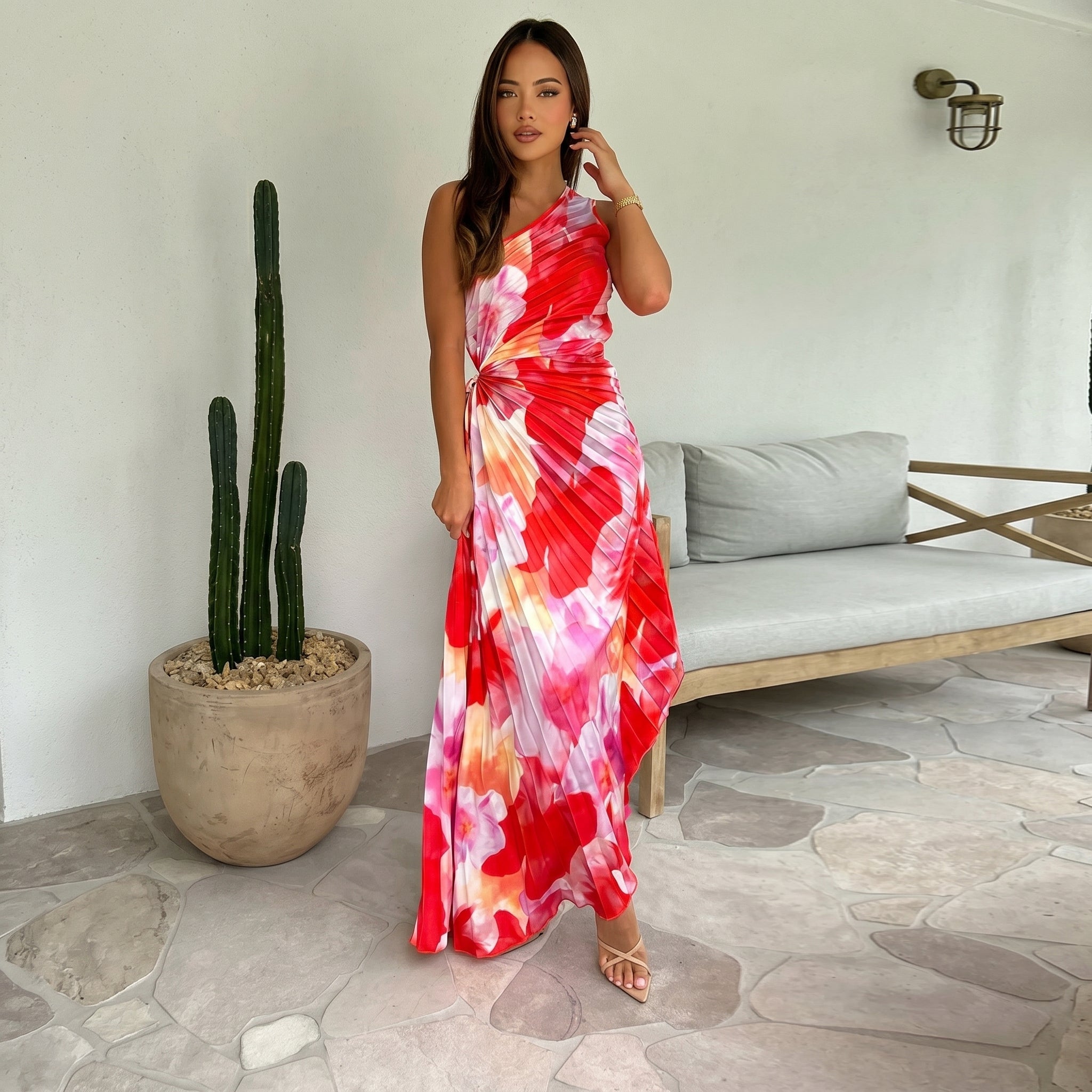 Clara - Women's Summer Floral Pleated Twist Maxi Dress - Maxi Dress - Red - Davies & Cooper