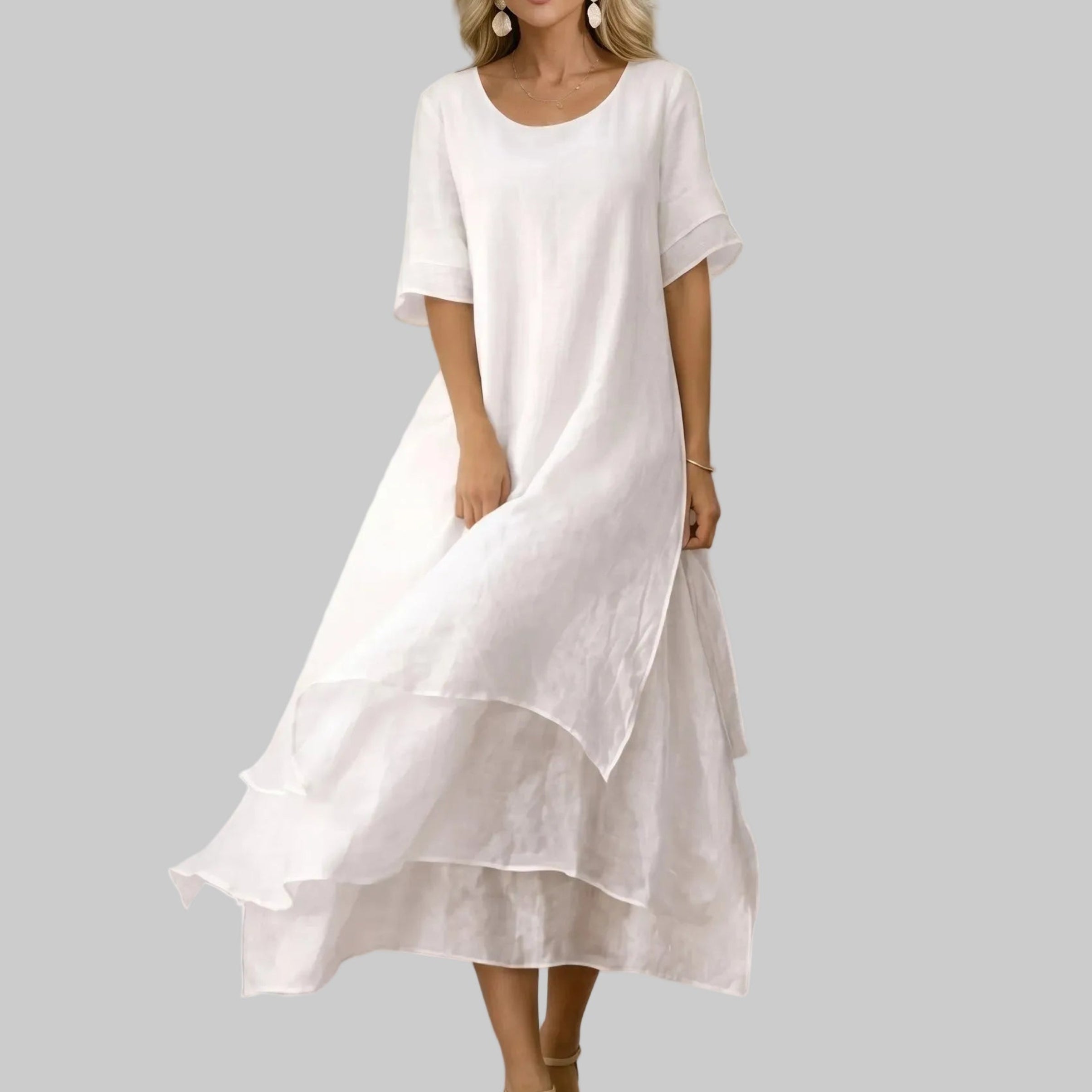 Clara - Women's Summer Layered Hem Maxi Dress - Midi Dress - White - Davies & Cooper